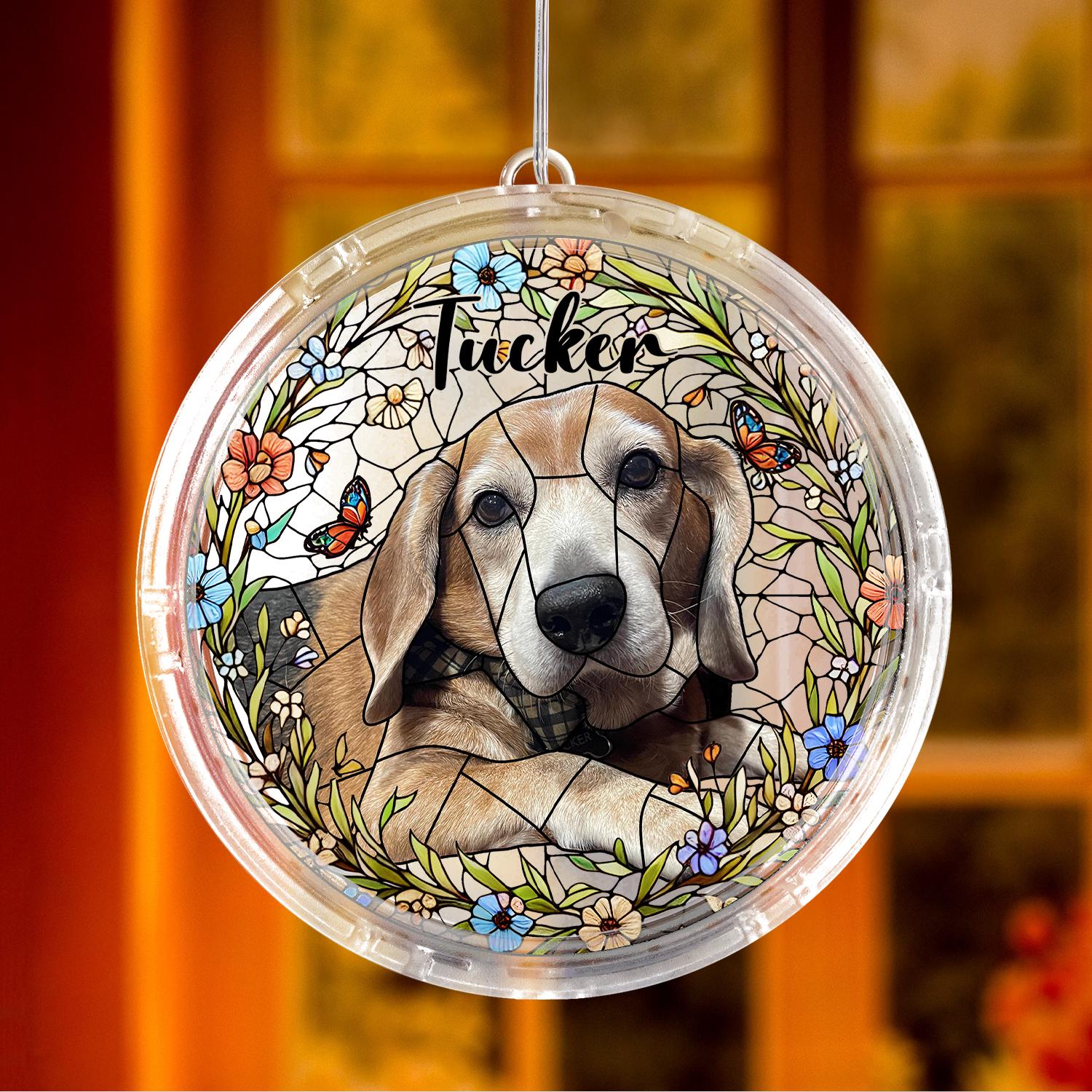 Personalized LED Hanging, Custom Pet Portrait with Name, Dog Memorial Light and Floral Design, Pet Loss Window Decor Gift, Pet Lover Gift