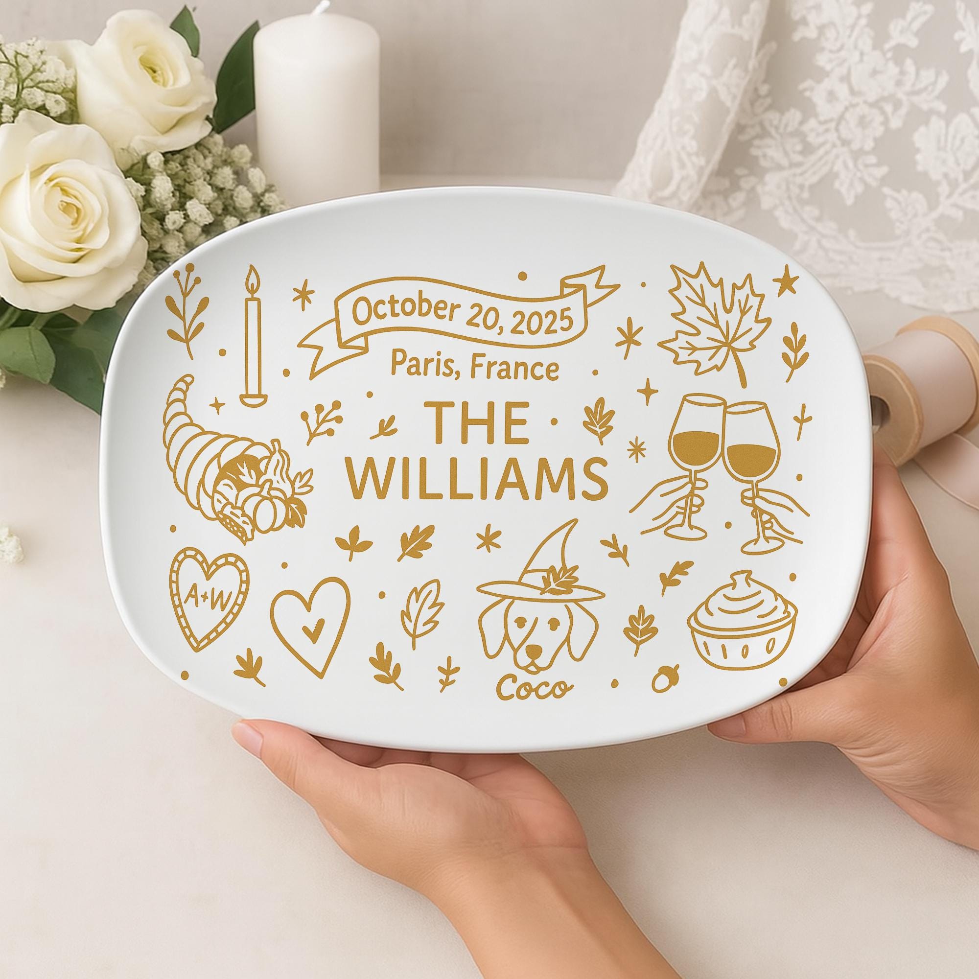Personalized Autumn Wedding Platter – Custom Halloween Fall Serving Tray – Thanksgiving Engagement Gift – Family Name Keepsake, DECOR ONLY