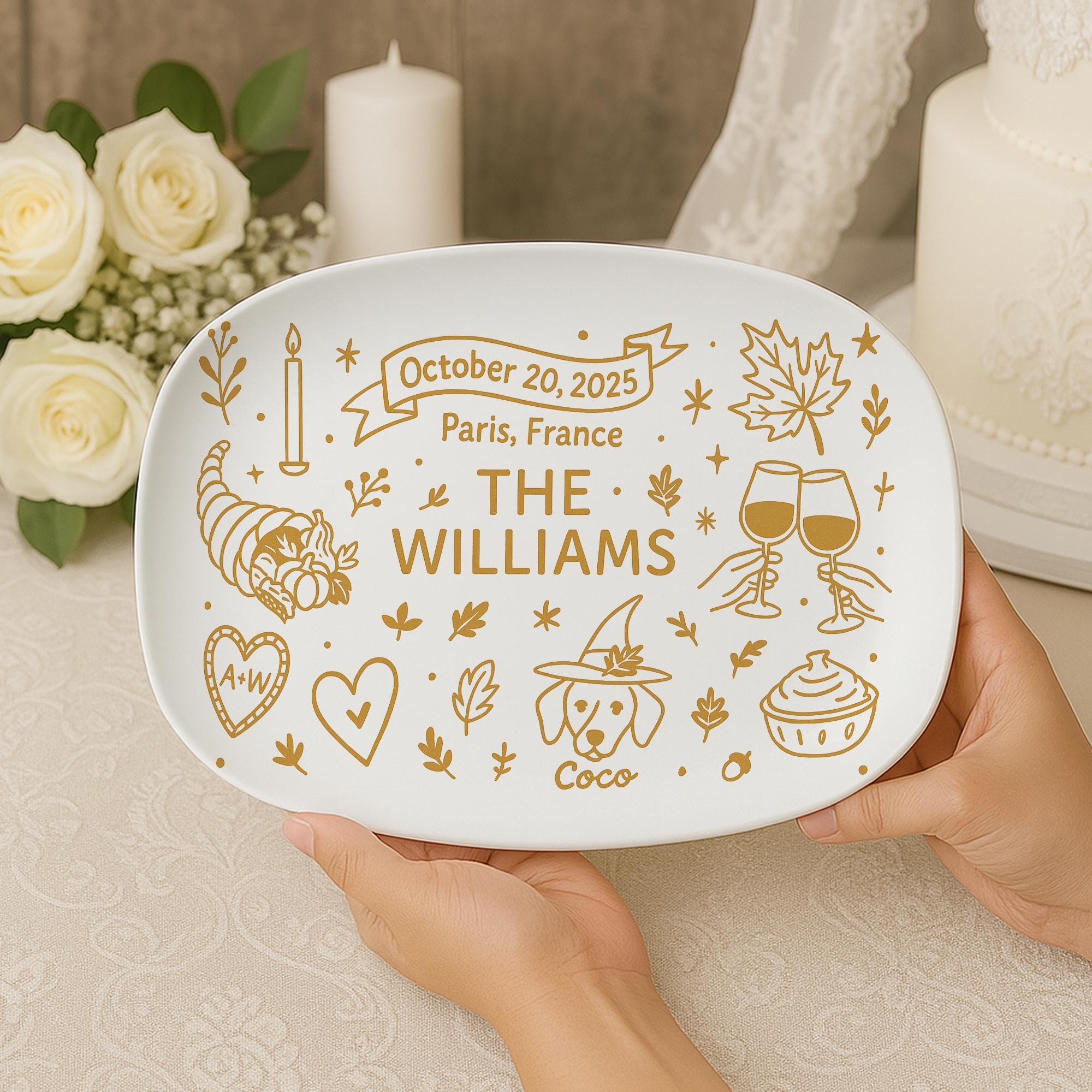 Personalized Autumn Wedding Platter – Custom Halloween Fall Serving Tray – Thanksgiving Engagement Gift – Family Name Keepsake, DECOR ONLY