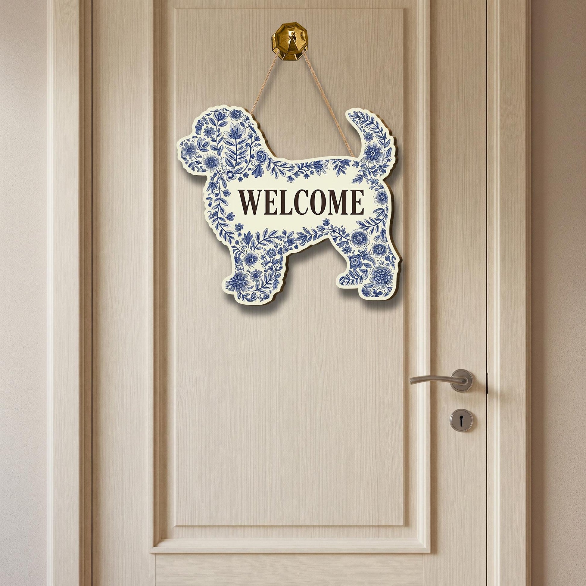 Floral Welcome Dog Door Hanger: Wooden Dog Lover Gift