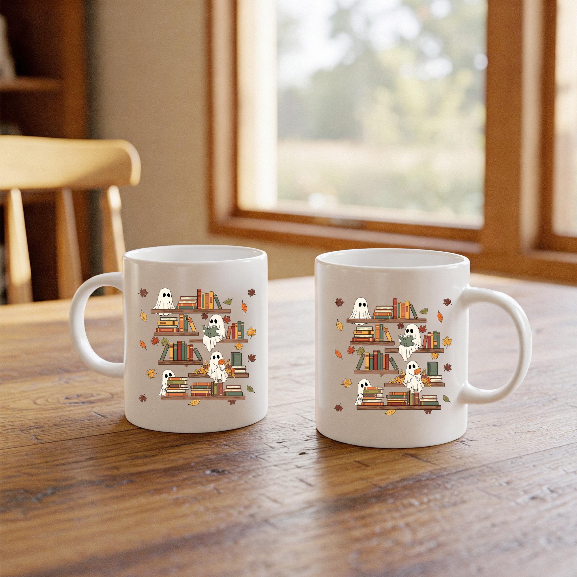 Ghost Reading Books Mug, Spooky Season Mug, Librarian Gift, Halloween Gift, Book Lover Mug, Cute Ghost Decor, Fall Coffee Cup