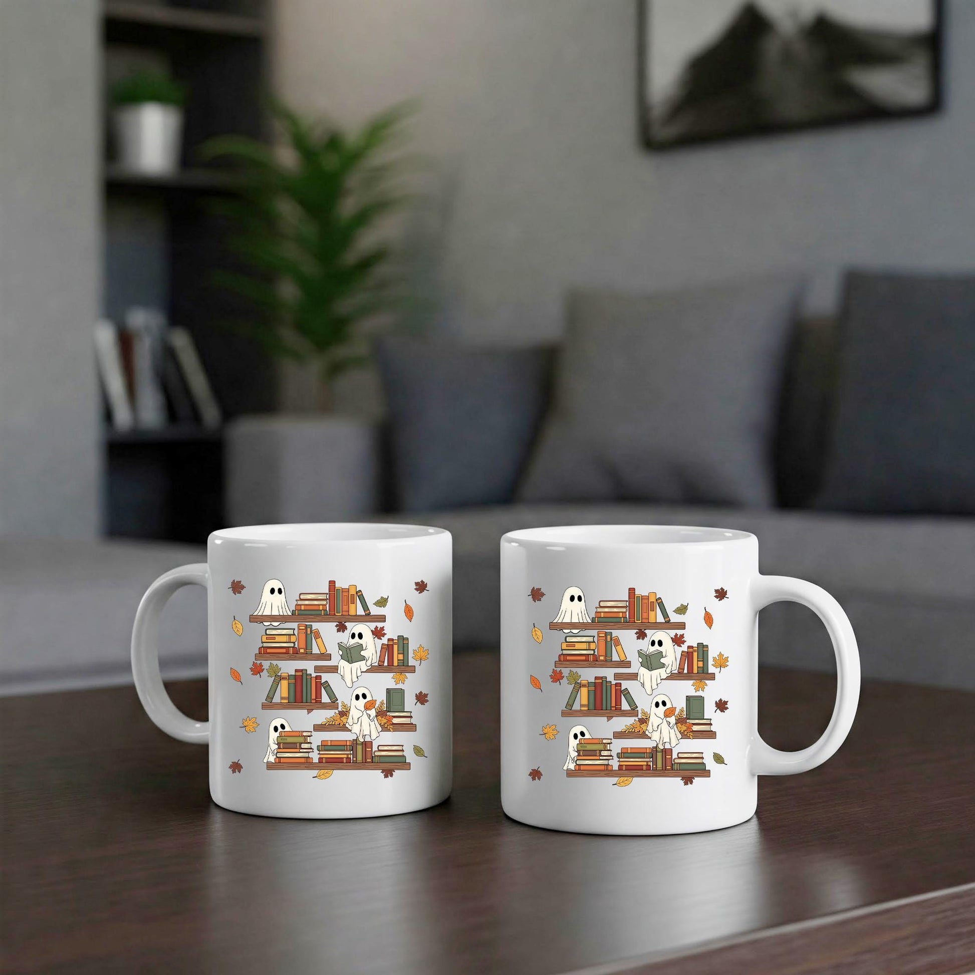 Ghost Reading Books Mug, Spooky Season Mug, Librarian Gift, Halloween Gift, Book Lover Mug, Cute Ghost Decor, Fall Coffee Cup