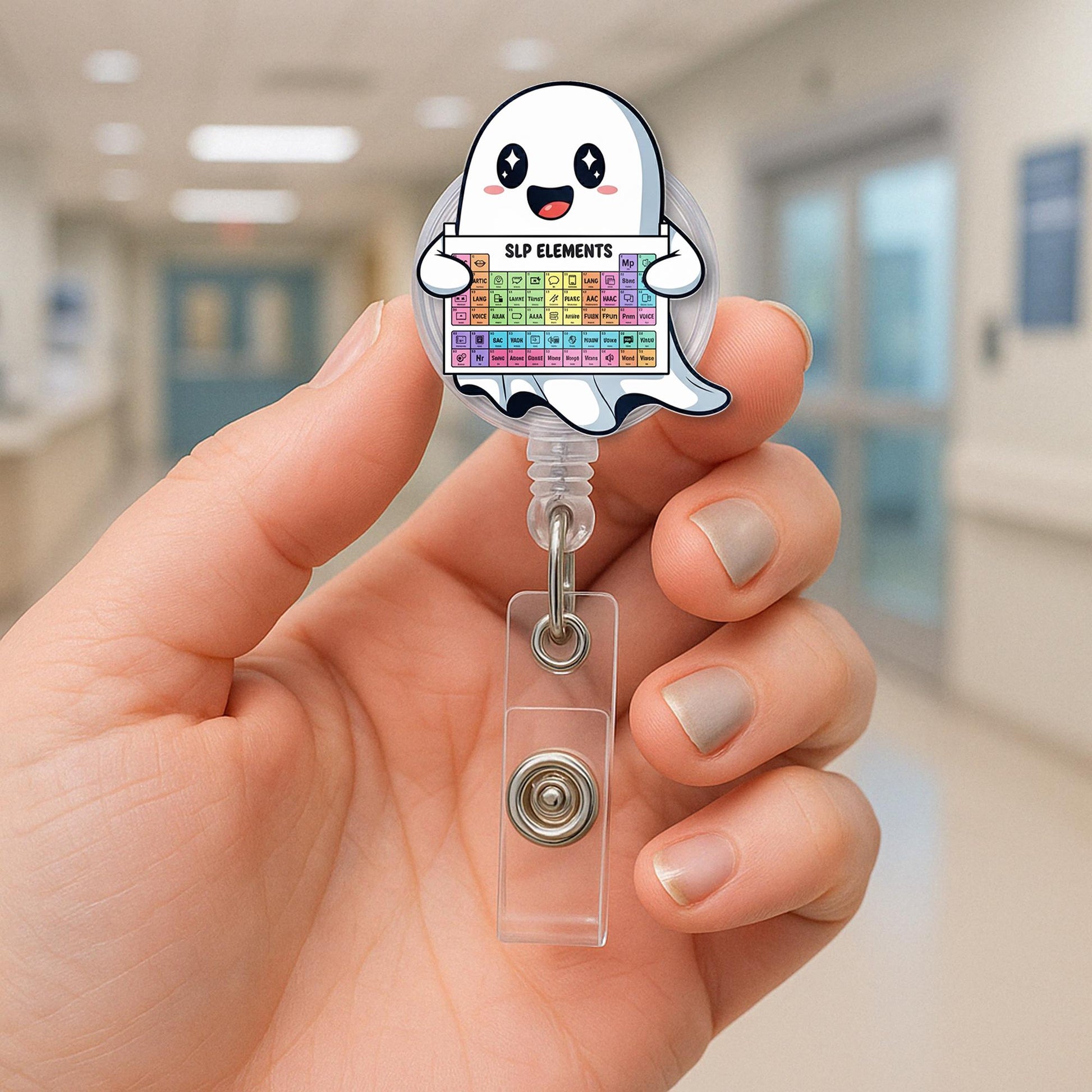 SLP Ghost Badge Reel, Speech Pathologist Gift, SLP Holder, SLP Elements Badge, Retractable Badge Reel, Cute Ghost Gift