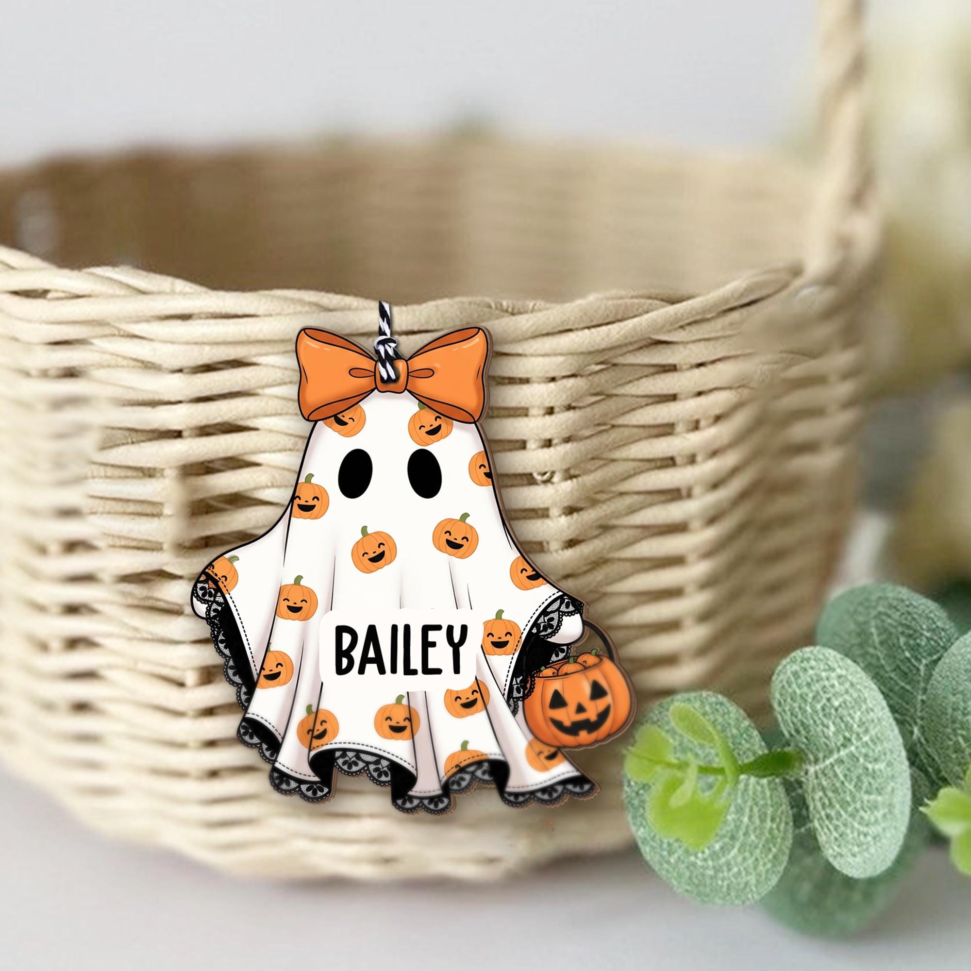 Personalized Ghost Tag: Acrylic & Wood Halloween Charm