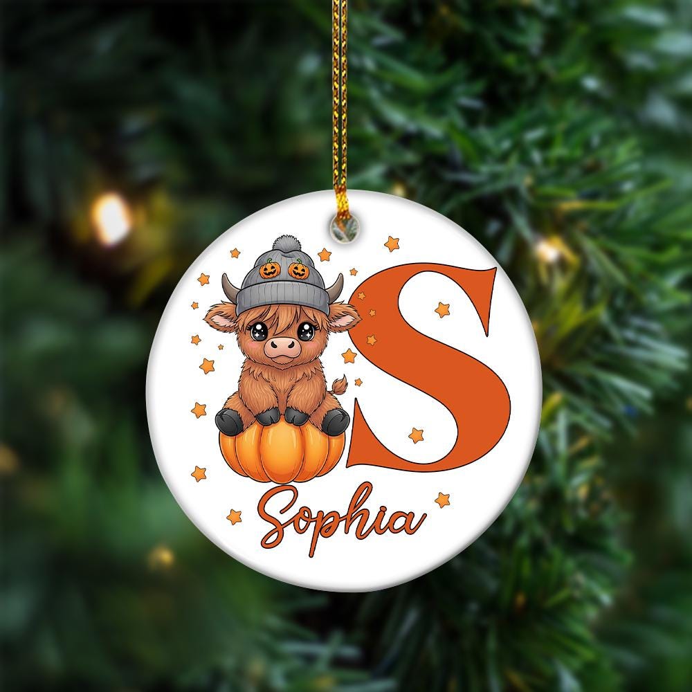 Personalized Highland Cow Ornament: Halloween Pumpkin, Custom Name