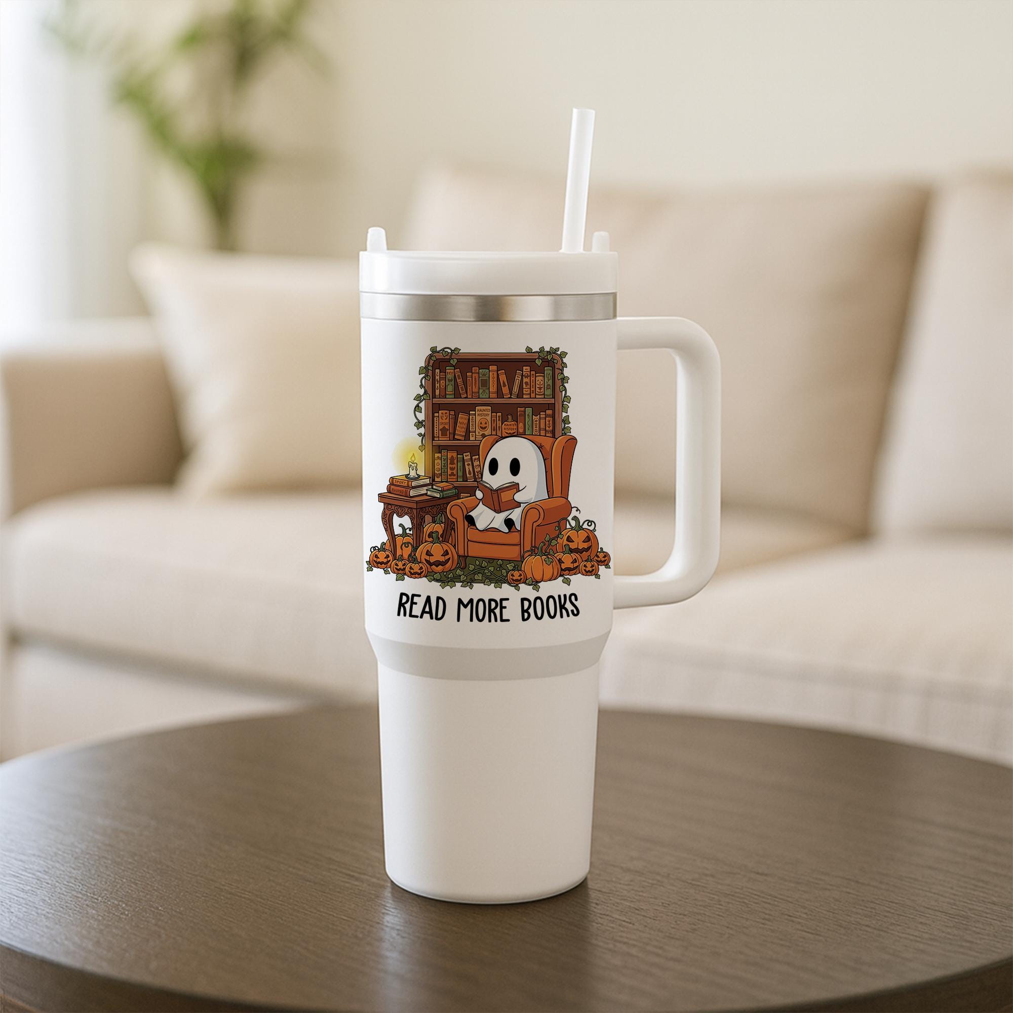 Spooky Ghost Reading Tumbler: Book Lover Halloween Travel Mug