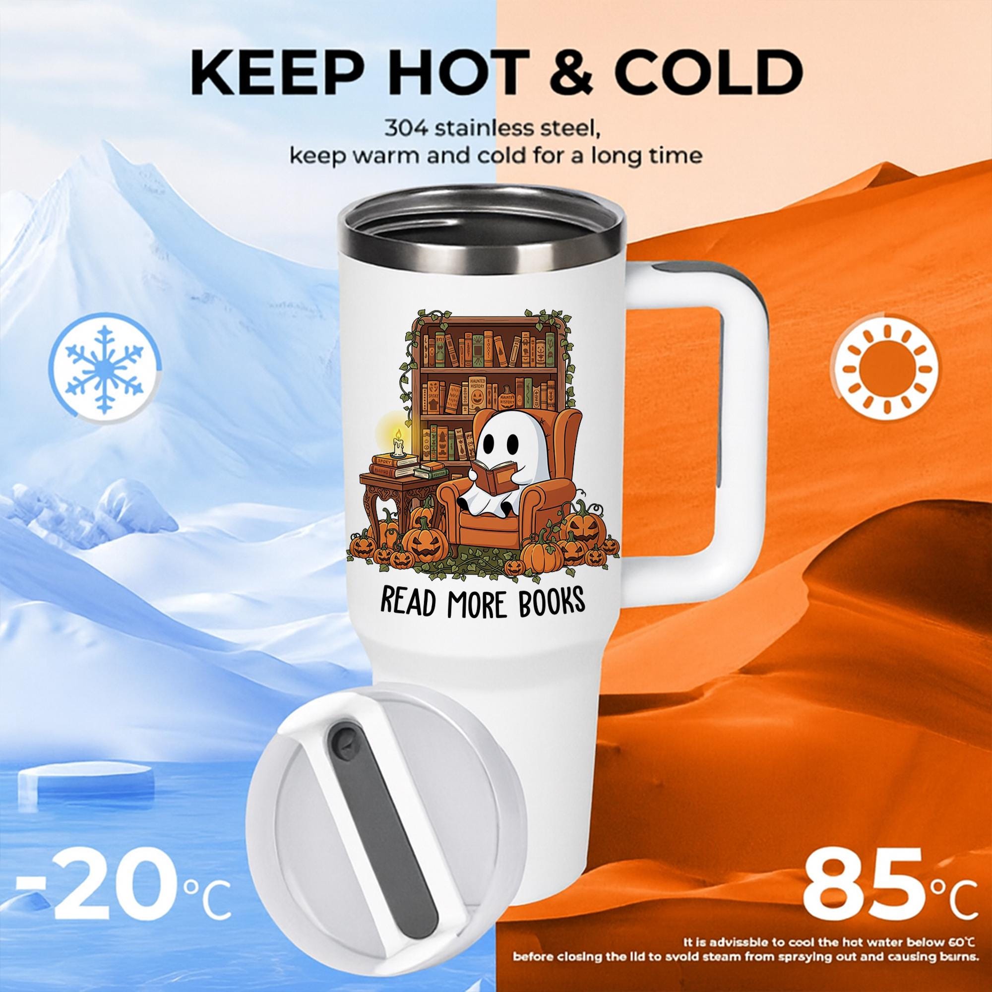 Spooky Ghost Reading Tumbler: Book Lover Halloween Travel Mug