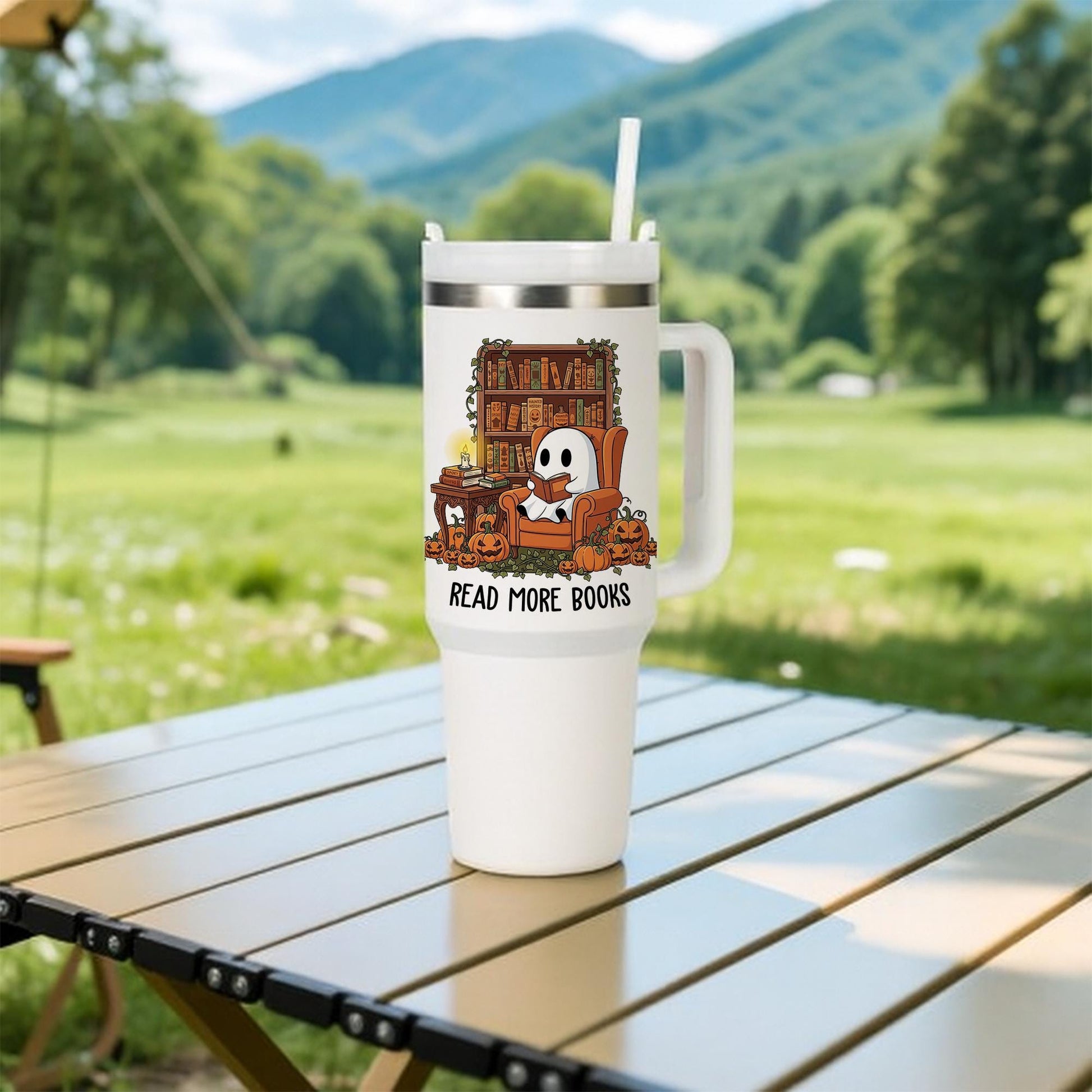 Spooky Ghost Reading Tumbler: Book Lover Halloween Travel Mug