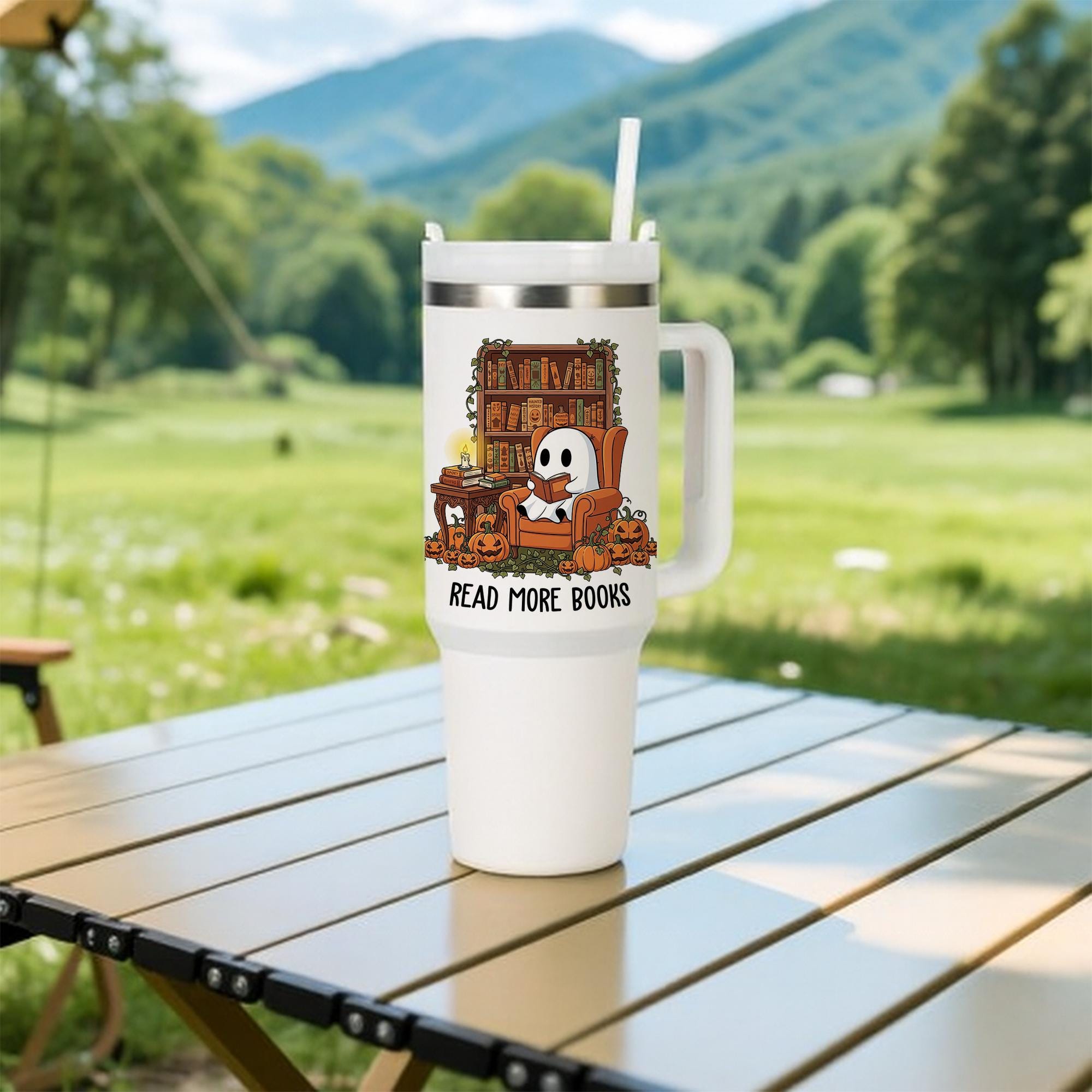 Spooky Ghost Reading Tumbler: Book Lover Halloween Travel Mug