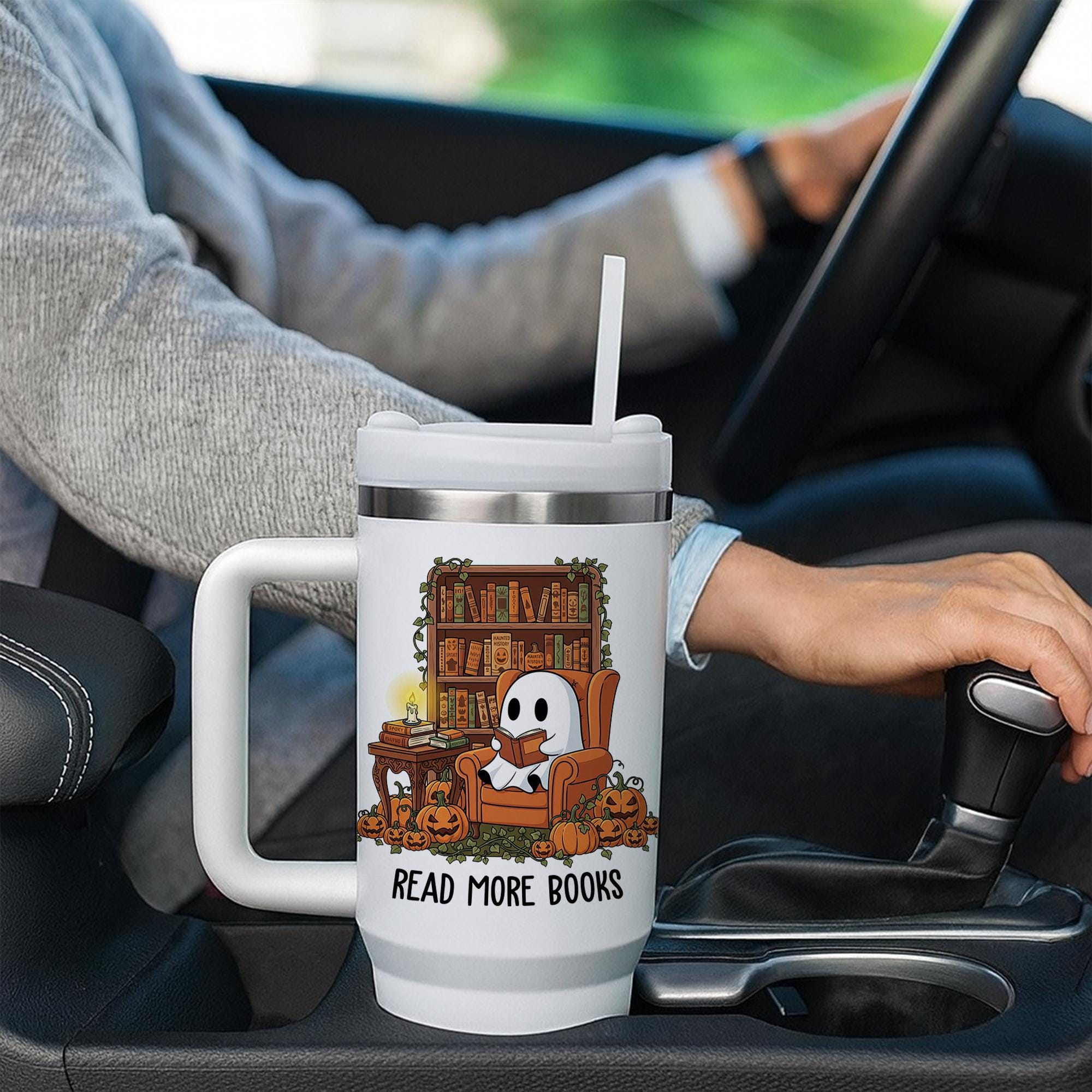 Spooky Ghost Reading Tumbler: Book Lover Halloween Travel Mug