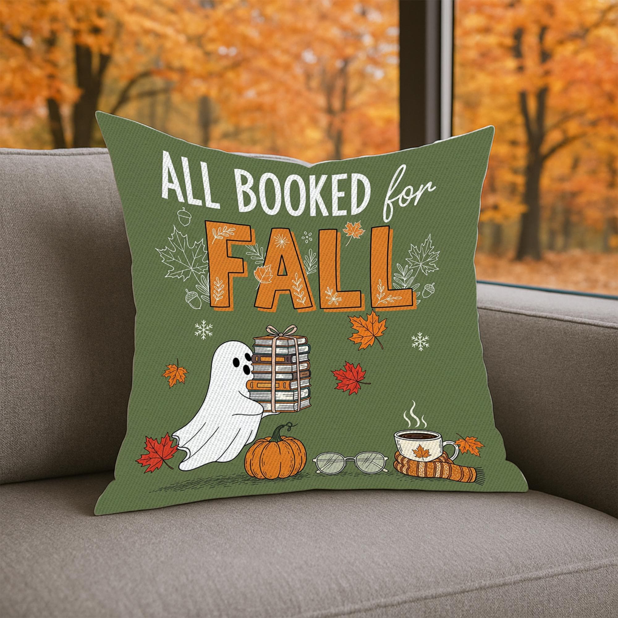 All Booked for Fall Pillow | Cute Ghost Autumn Decor | Book Lover Halloween Throw Pillow | Cozy Fall Home Decoration Gift