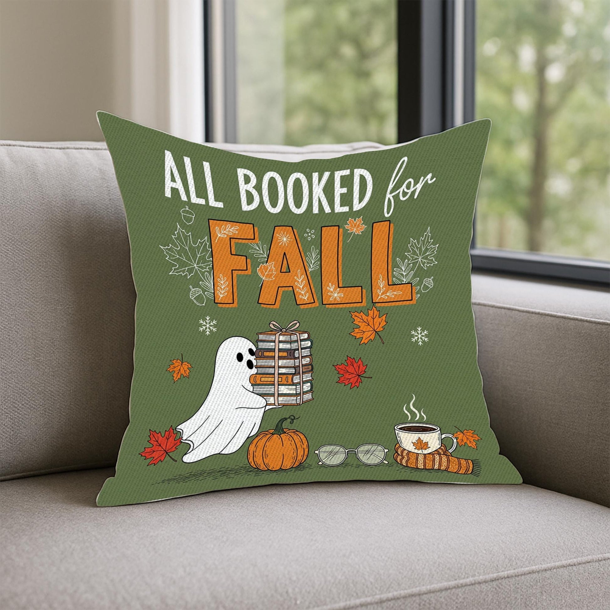 All Booked for Fall Pillow | Cute Ghost Autumn Decor | Book Lover Halloween Throw Pillow | Cozy Fall Home Decoration Gift