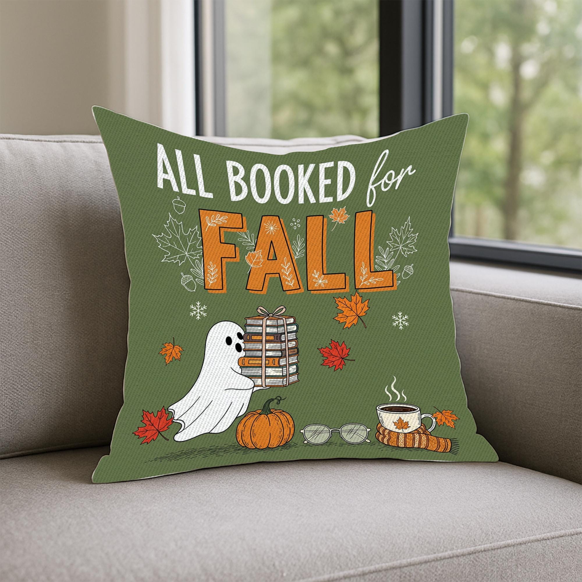 All Booked for Fall Pillow | Cute Ghost Autumn Decor | Book Lover Halloween Throw Pillow | Cozy Fall Home Decoration Gift