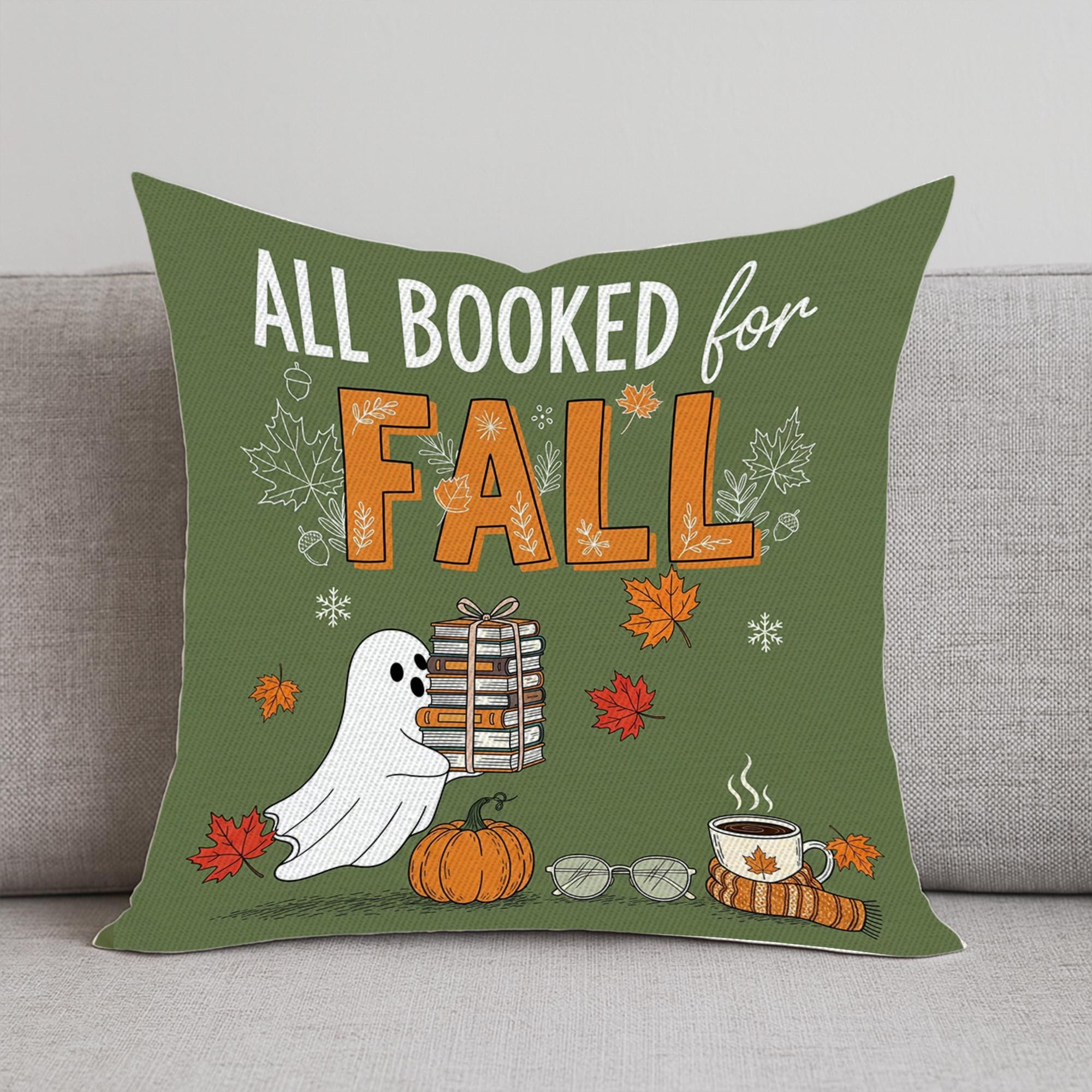All Booked for Fall Pillow | Cute Ghost Autumn Decor | Book Lover Halloween Throw Pillow | Cozy Fall Home Decoration Gift