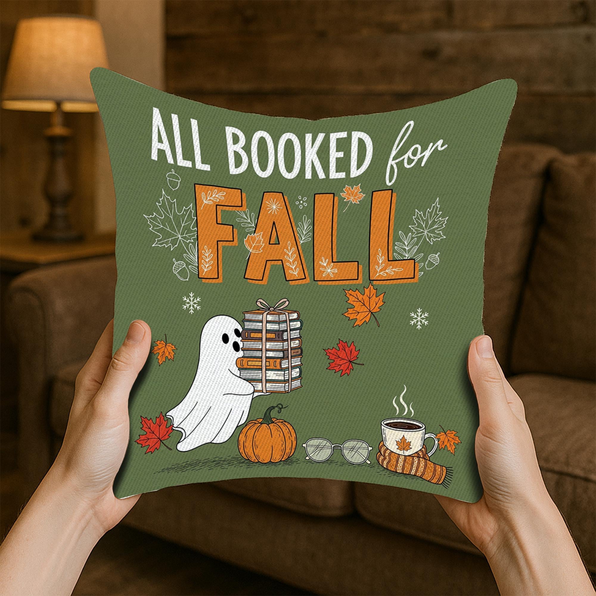 All Booked for Fall Pillow | Cute Ghost Autumn Decor | Book Lover Halloween Throw Pillow | Cozy Fall Home Decoration Gift