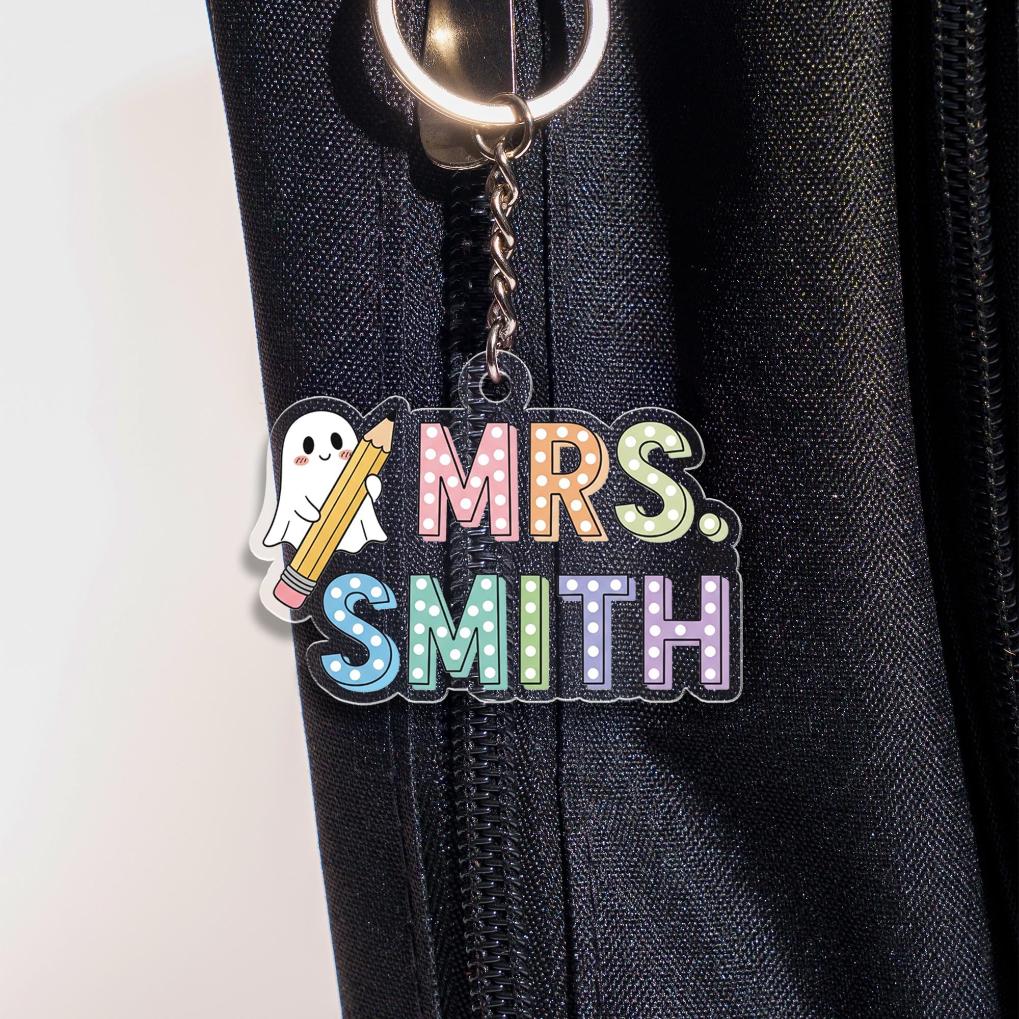 Personalized Teacher Keychain: Acrylic Rainbow Pencil & Ghost Key Ring