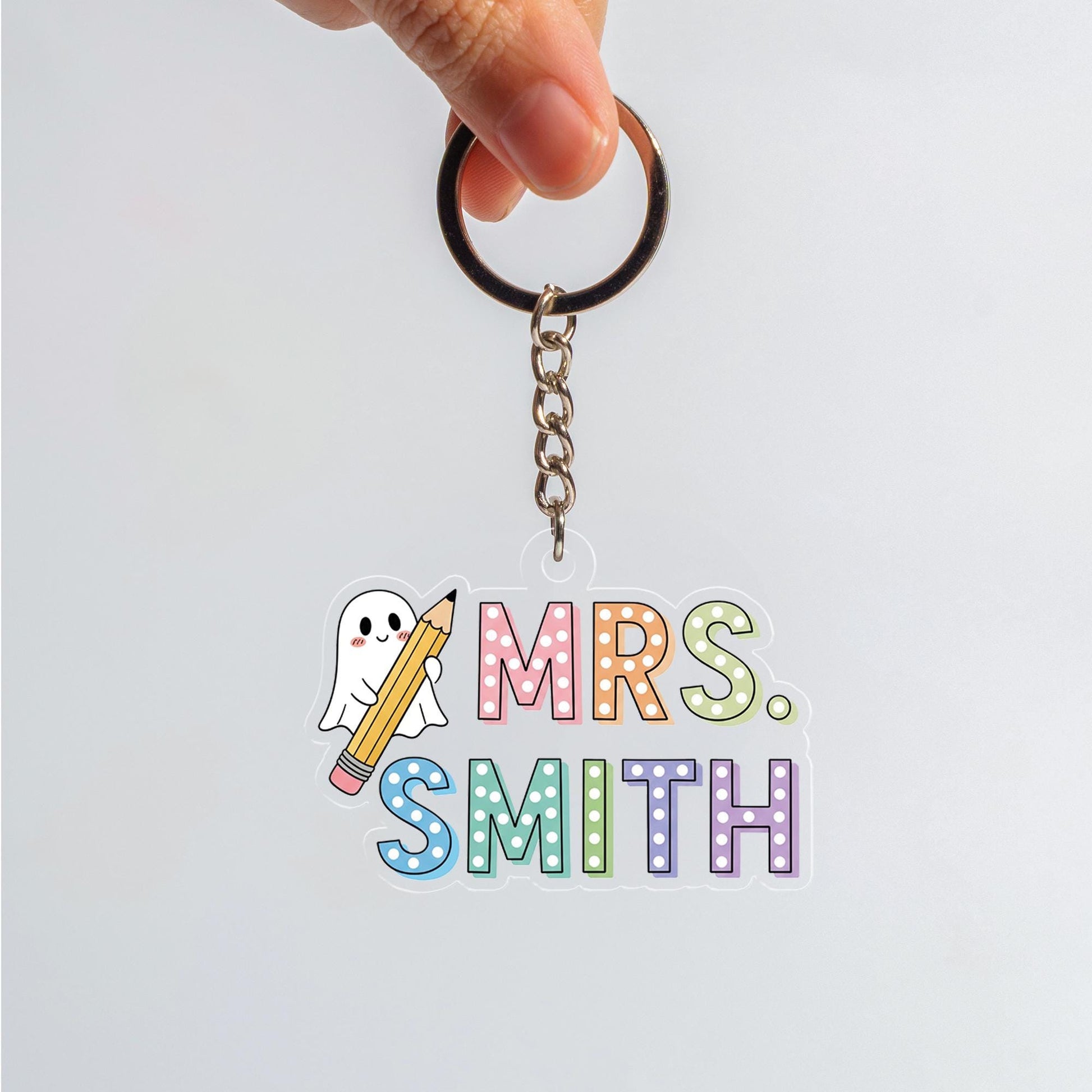 Personalized Teacher Keychain: Acrylic Rainbow Pencil & Ghost Key Ring