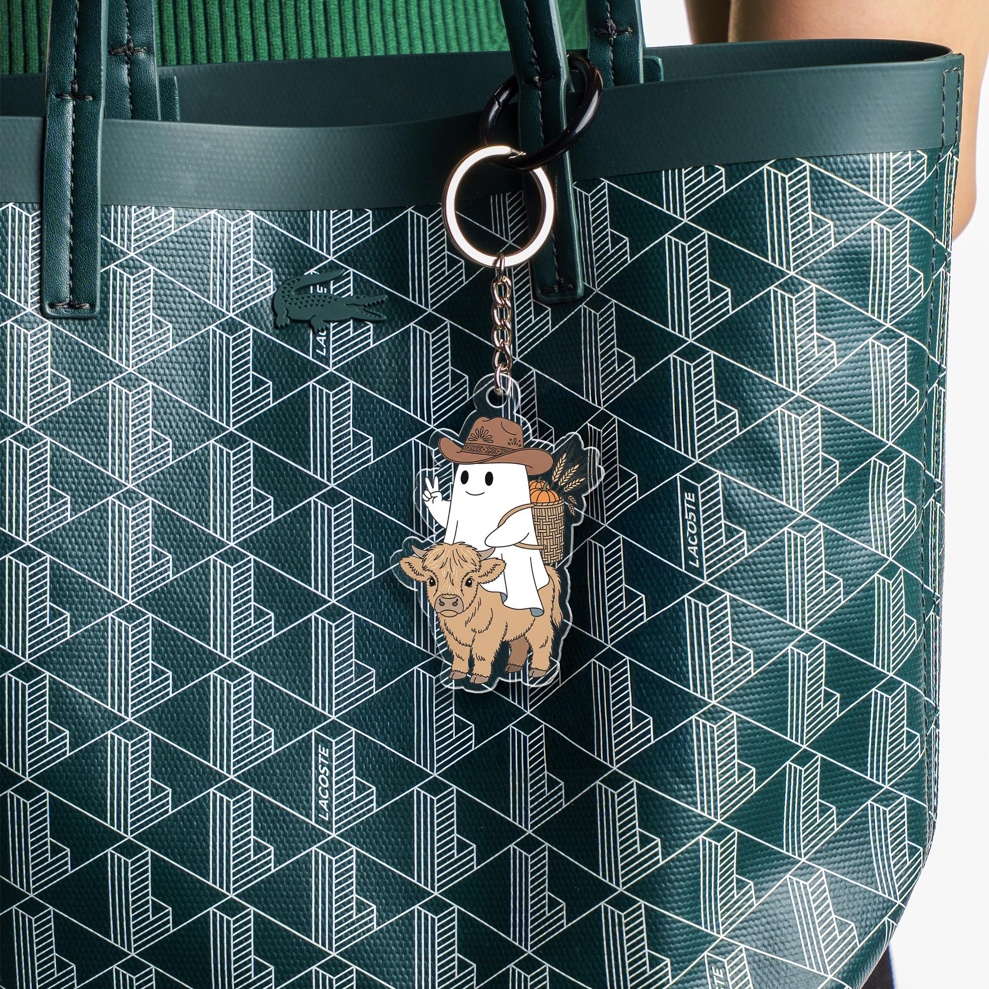 Cute Ghost Cowboy Keychain – Kawaii Farm Animal Rider Acrylic Keychain with Highland Cow, Fall Harvest Basket, Country Western Gift