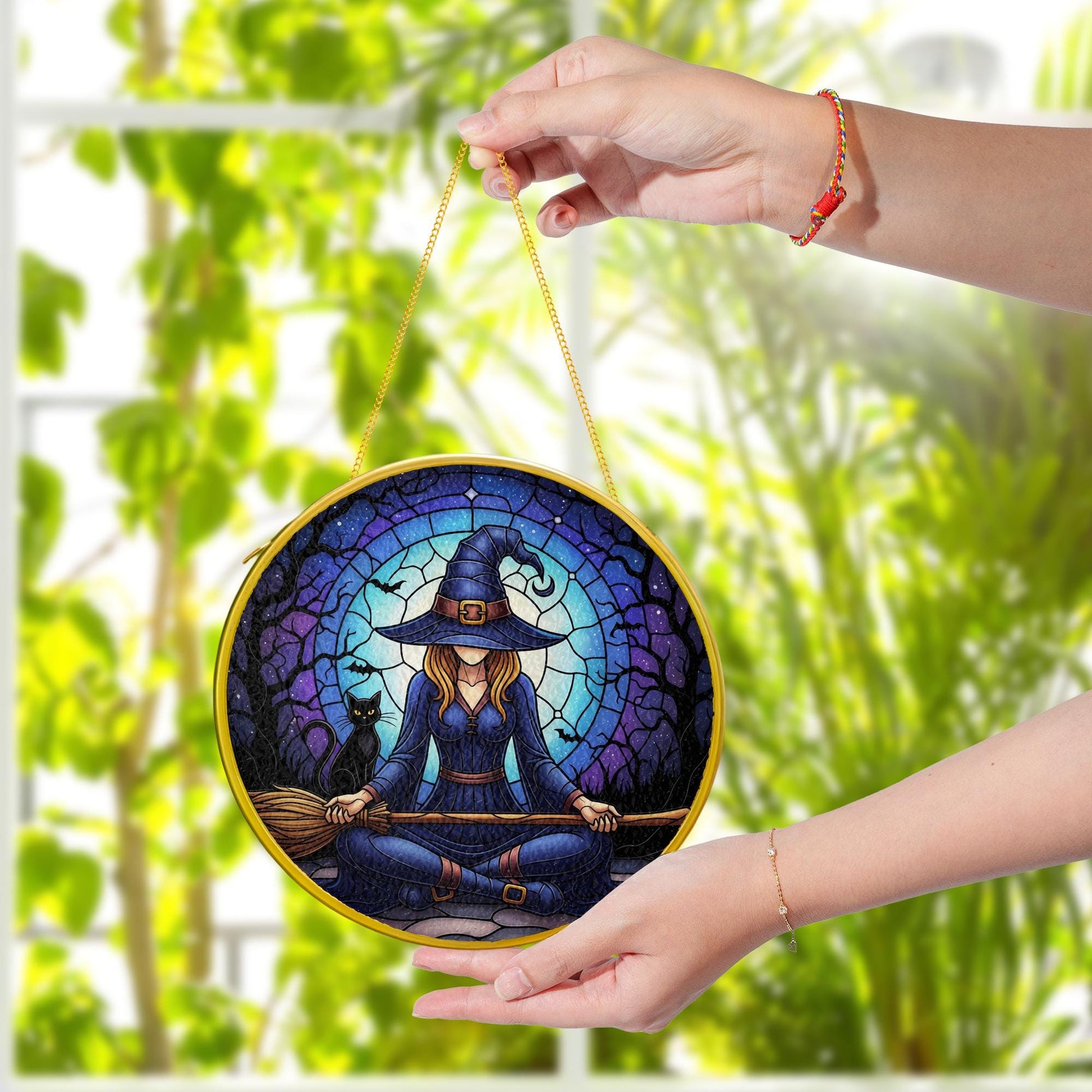 Witch Yoga Glass Suncatcher – Glass Halloween Window Hanging – Black Cat Moon Meditation Witchy Home Decor gift