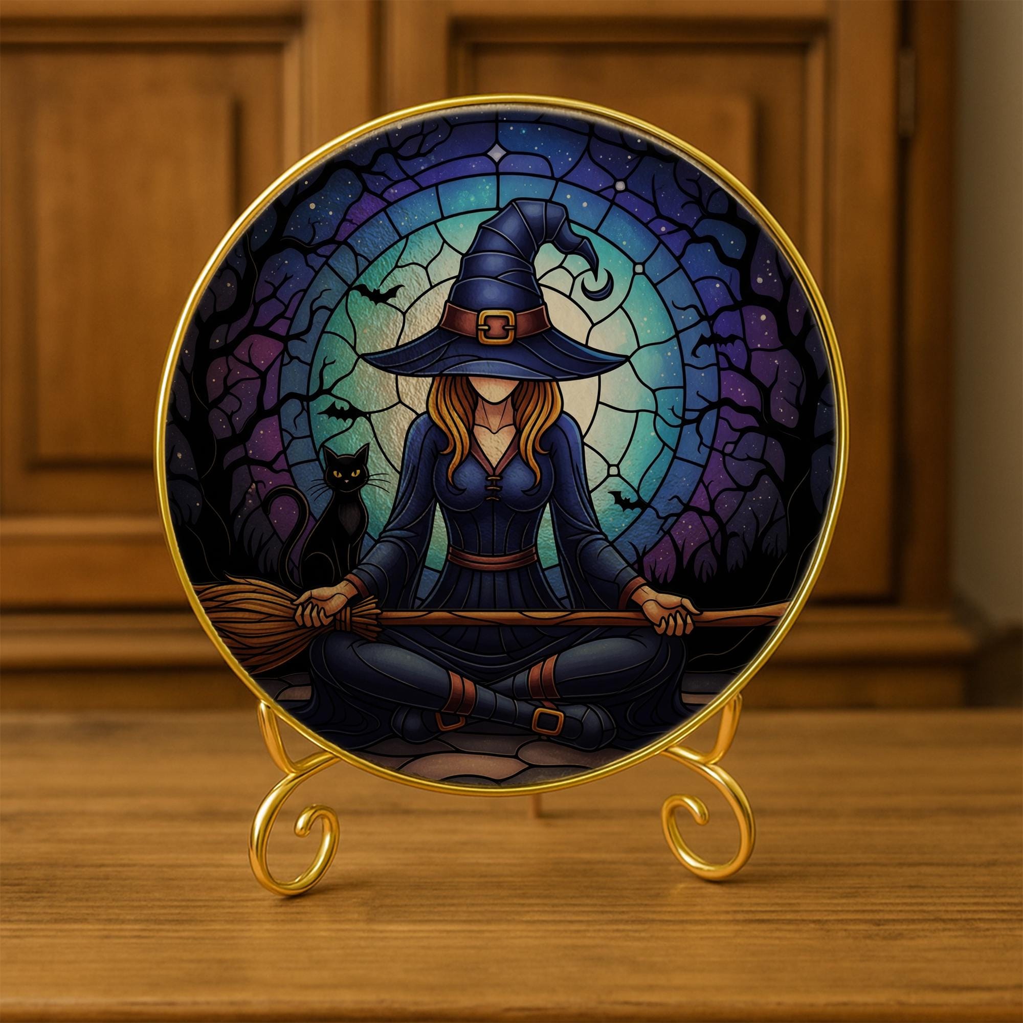 Witch Yoga Glass Suncatcher – Glass Halloween Window Hanging – Black Cat Moon Meditation Witchy Home Decor gift