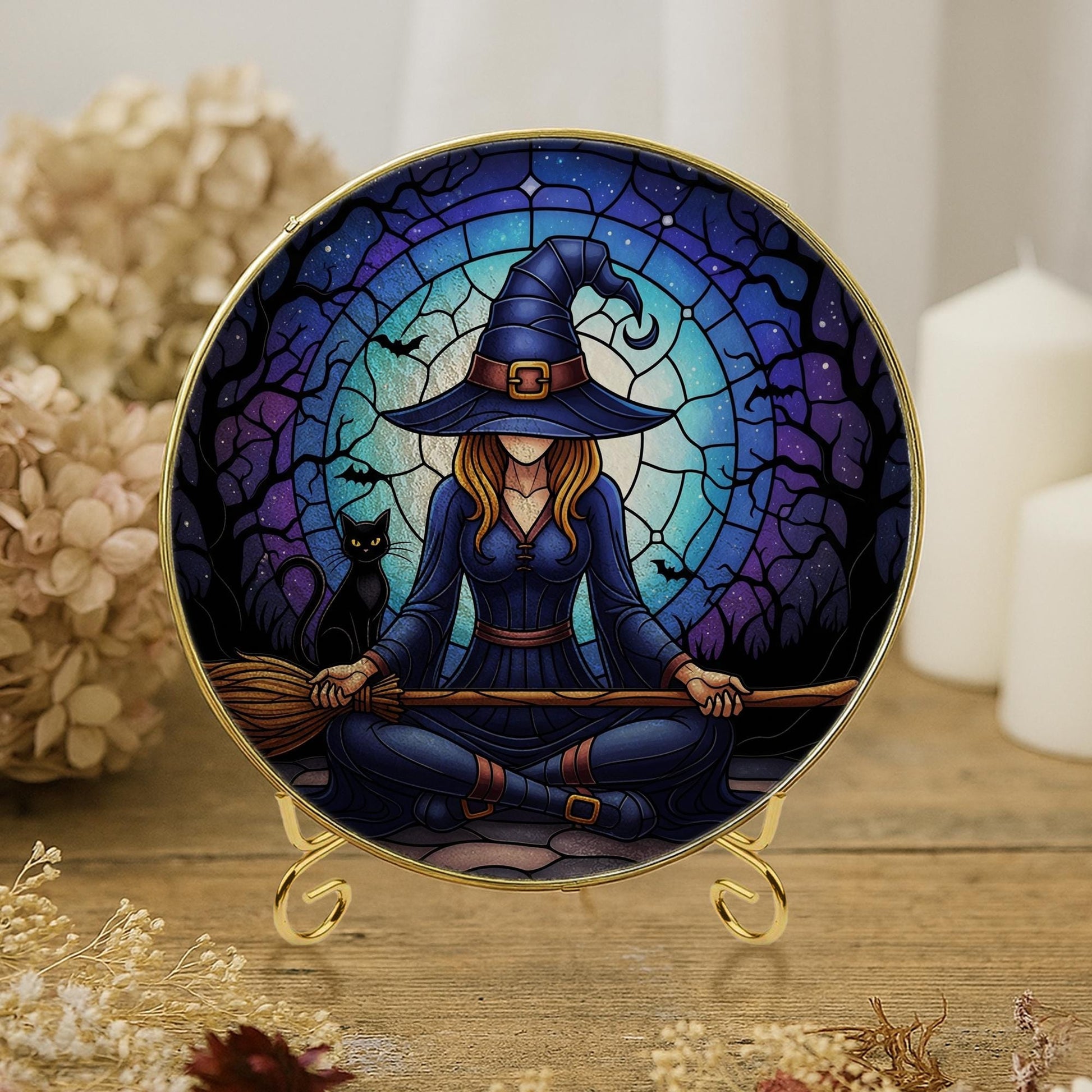 Witch Yoga Glass Suncatcher – Glass Halloween Window Hanging – Black Cat Moon Meditation Witchy Home Decor gift