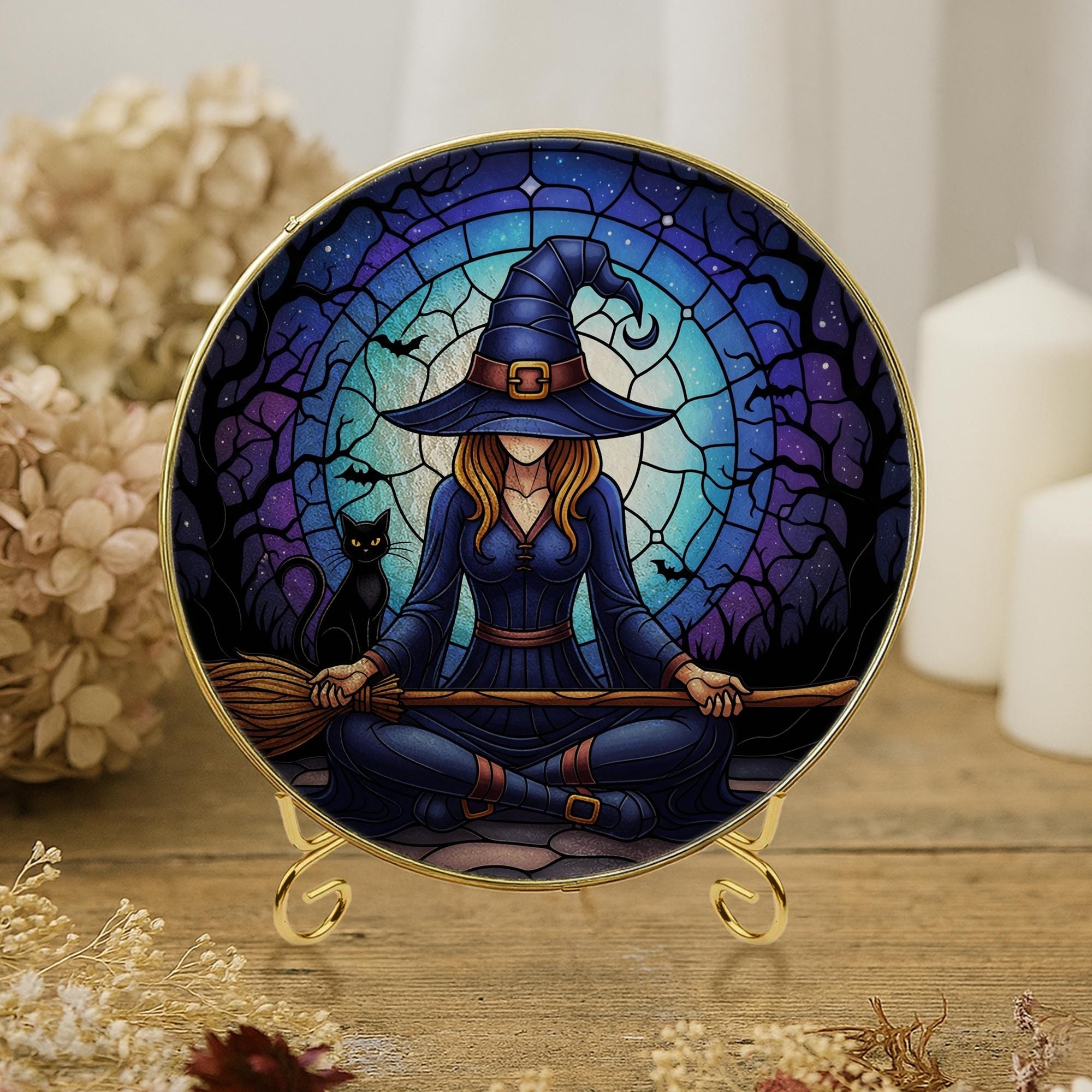 Witch Yoga Glass Suncatcher – Glass Halloween Window Hanging – Black Cat Moon Meditation Witchy Home Decor gift