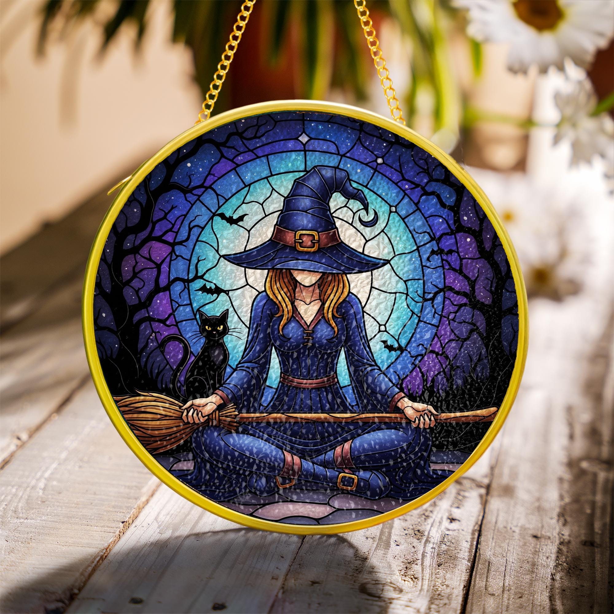 Witch Yoga Glass Suncatcher – Glass Halloween Window Hanging – Black Cat Moon Meditation Witchy Home Decor gift
