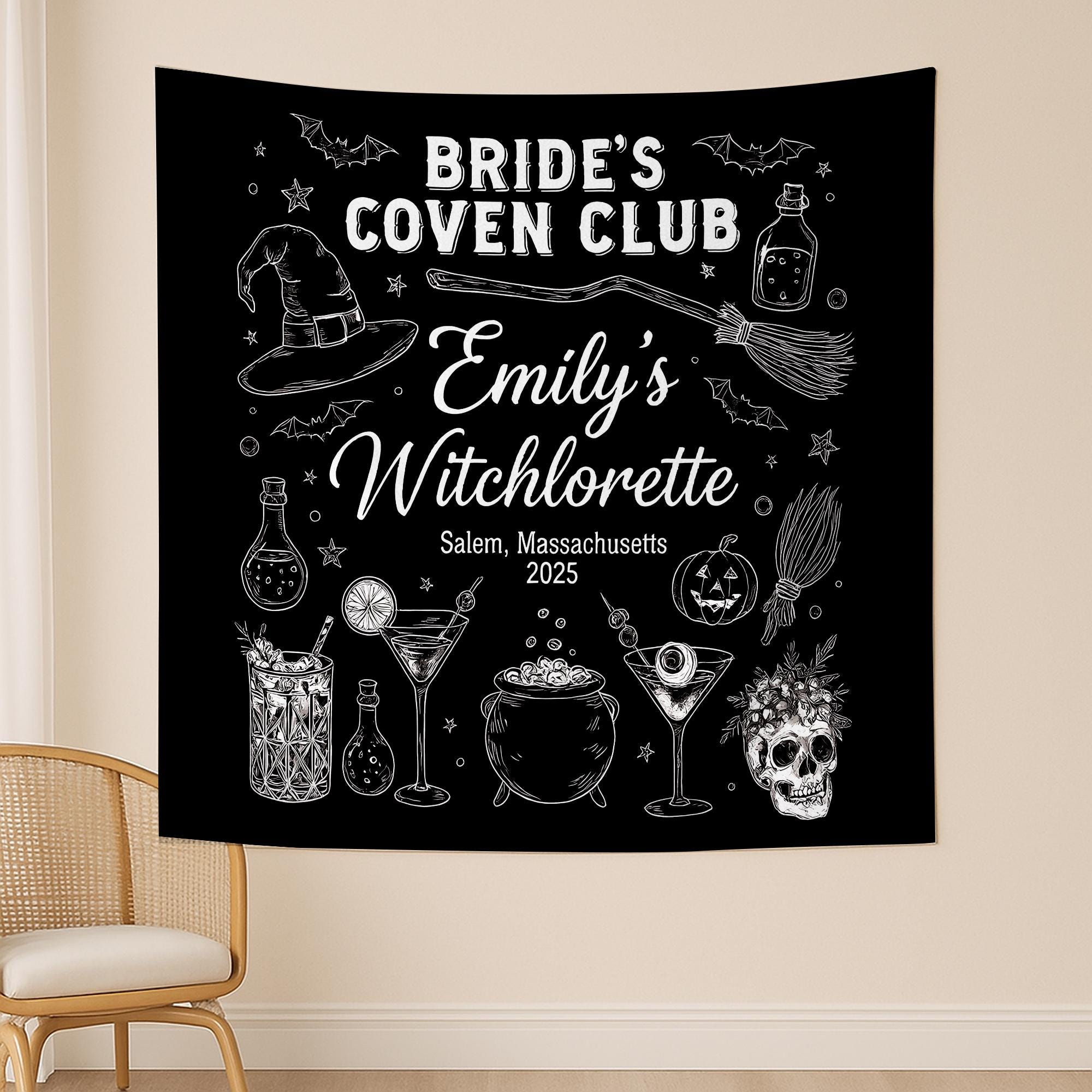 Custom Witchlorette Tapestry – Bride’s Coven Club Bachelorette Backdrop – Personalized Salem Witch Party Decoration 2025