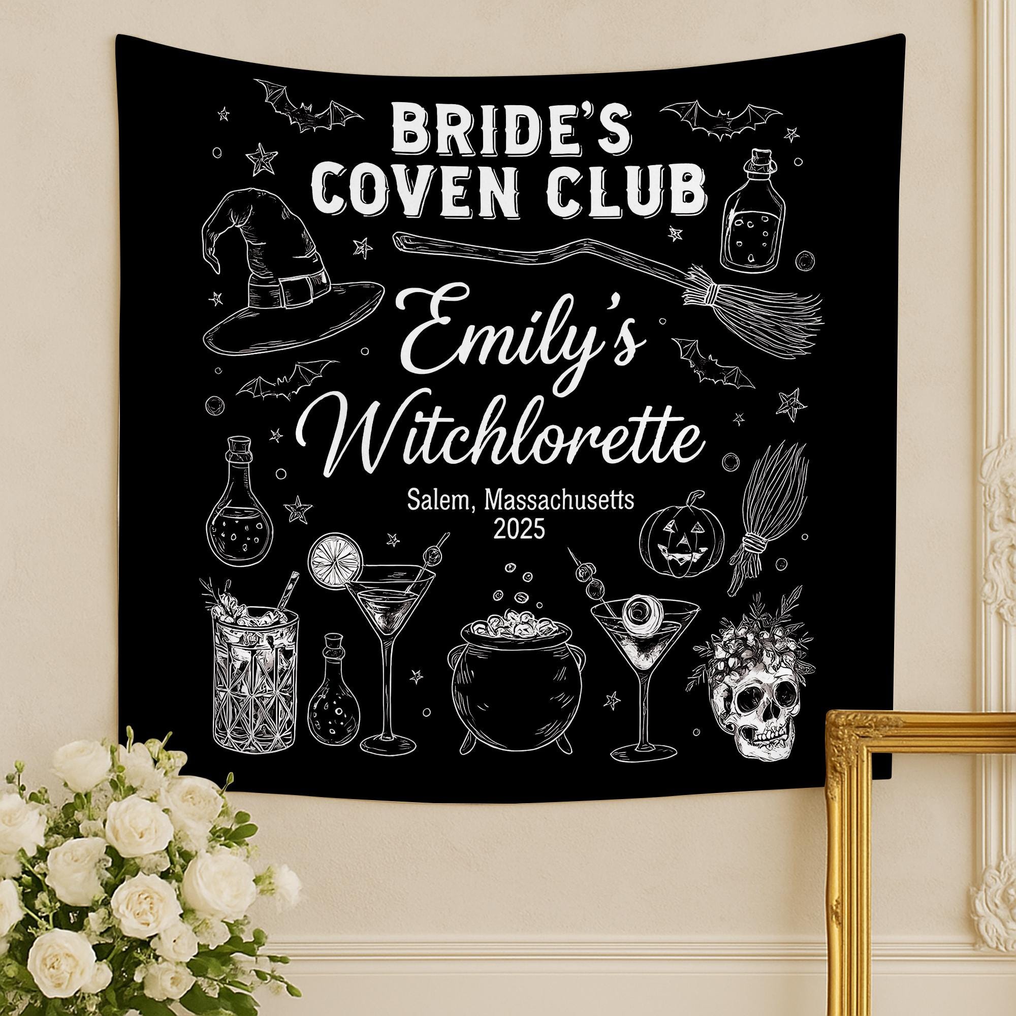 Custom Witchlorette Tapestry – Bride’s Coven Club Bachelorette Backdrop – Personalized Salem Witch Party Decoration 2025