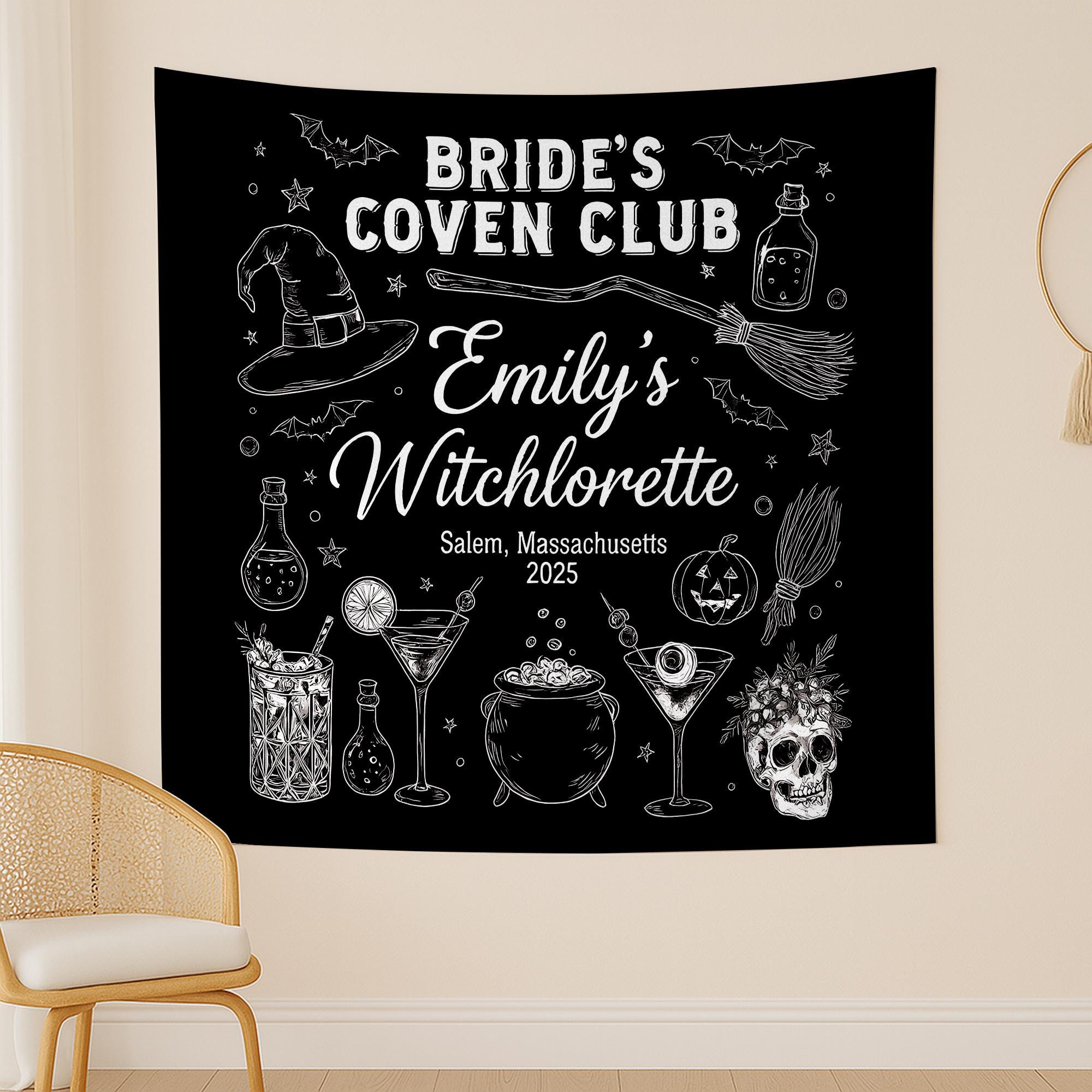 Custom Witchlorette Tapestry – Bride’s Coven Club Bachelorette Backdrop – Personalized Salem Witch Party Decoration 2025