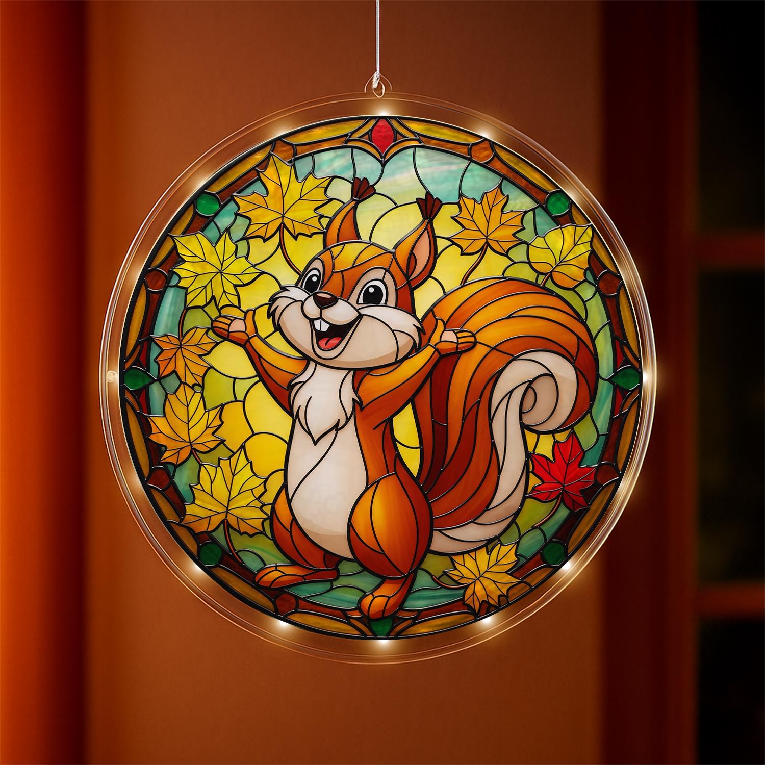LED Squirrel Autumn Leaves Window Hanging, Lighted Fall Decoration for Home, Classroom, or Seasonal Gift, Pet Lovers Gift Idea, Fall Decor