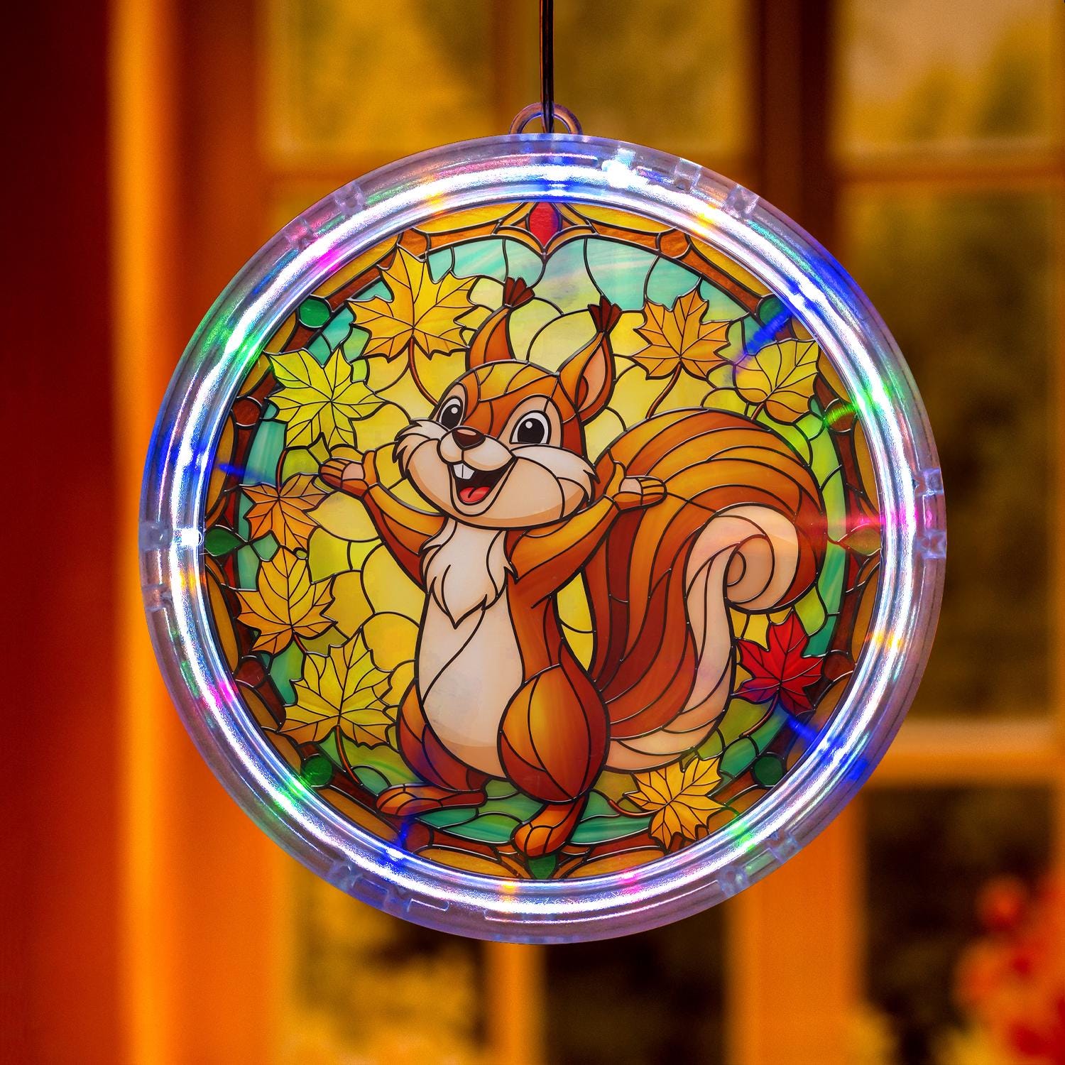 LED Squirrel Autumn Leaves Window Hanging, Lighted Fall Decoration for Home, Classroom, or Seasonal Gift, Pet Lovers Gift Idea, Fall Decor