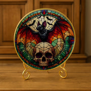 Gothic Bat and Skull Glass Suncatcher – Glass Halloween Window Hanging – Dark Bat Gothic Home Decor