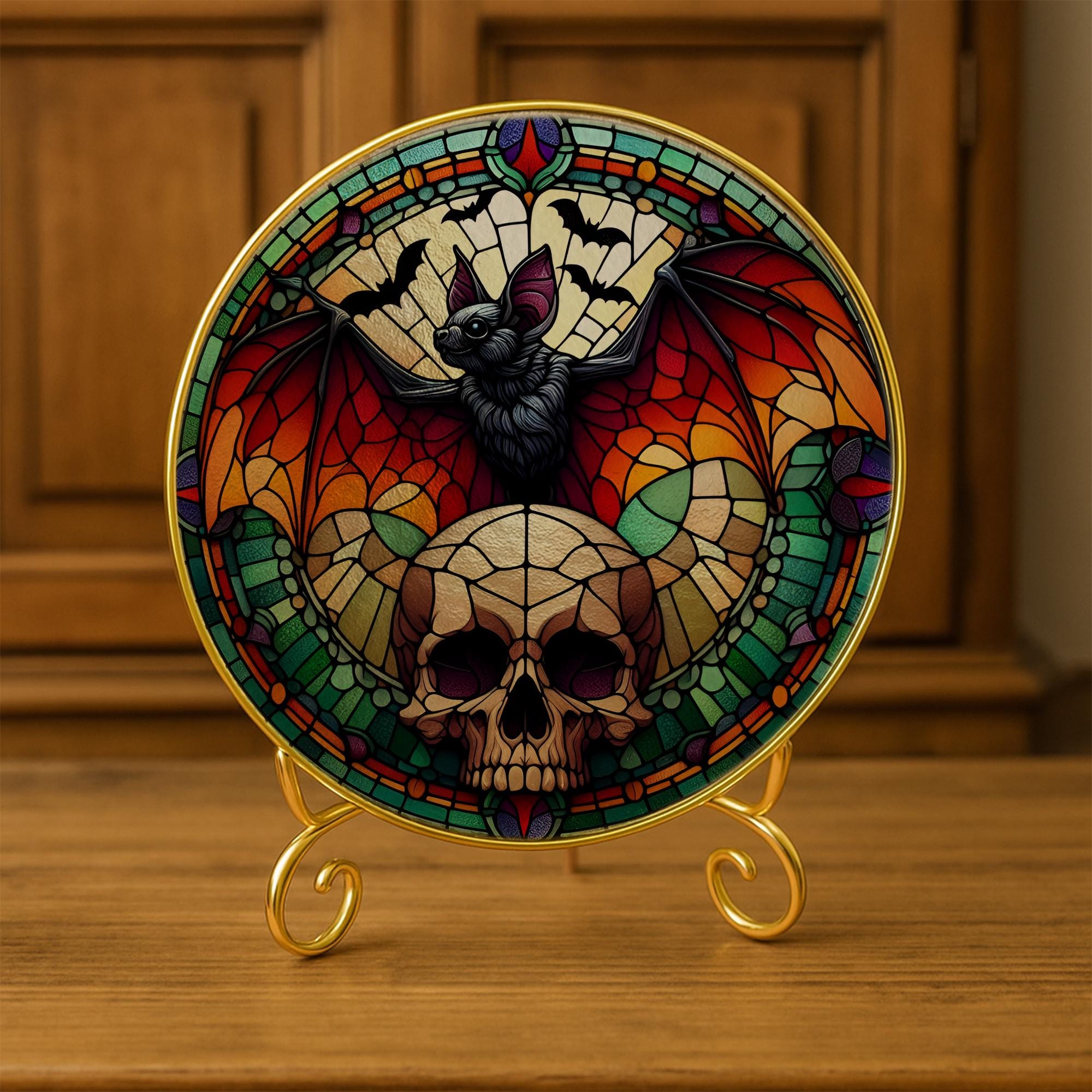 Gothic Bat and Skull Glass Suncatcher – Glass Halloween Window Hanging – Dark Bat Gothic Home Decor