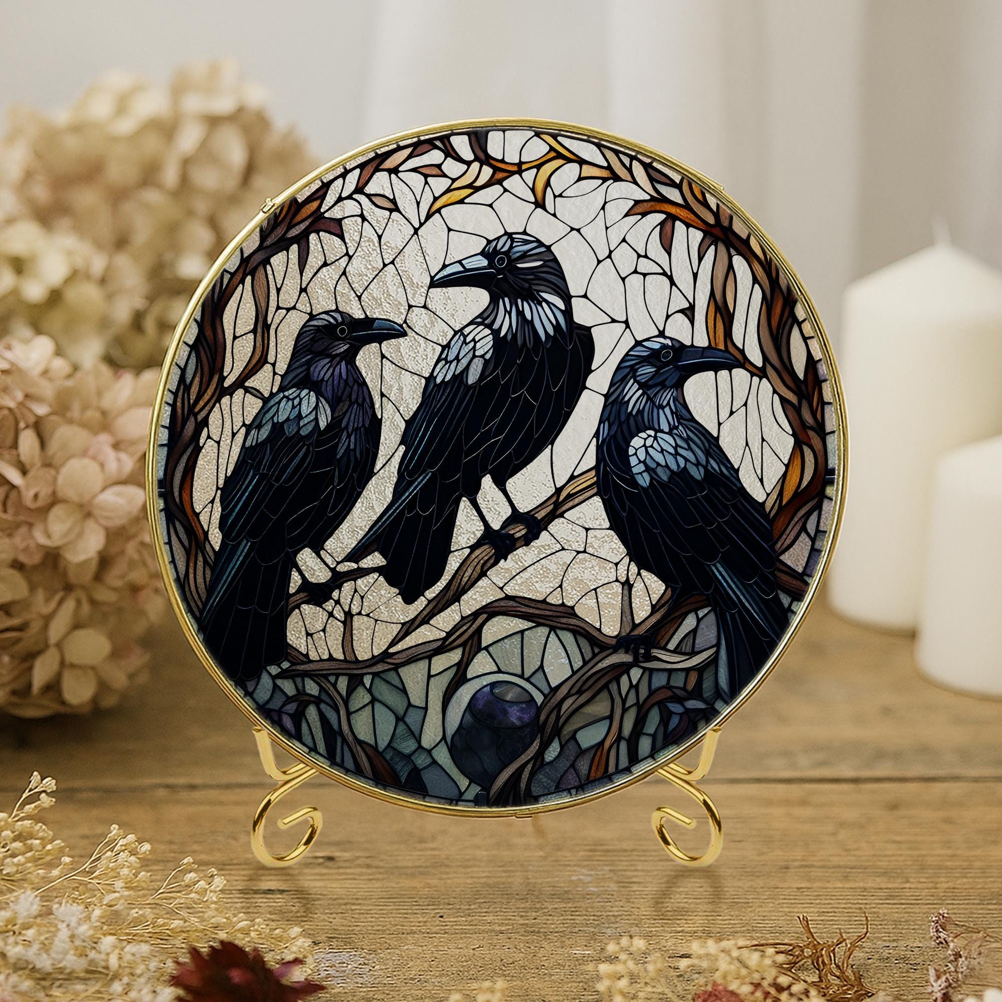 Gothic Raven Glass Suncatcher – Glass Crow Window Hanging – Dark Bird Gothic Home Decor – Mysterious Raven Art