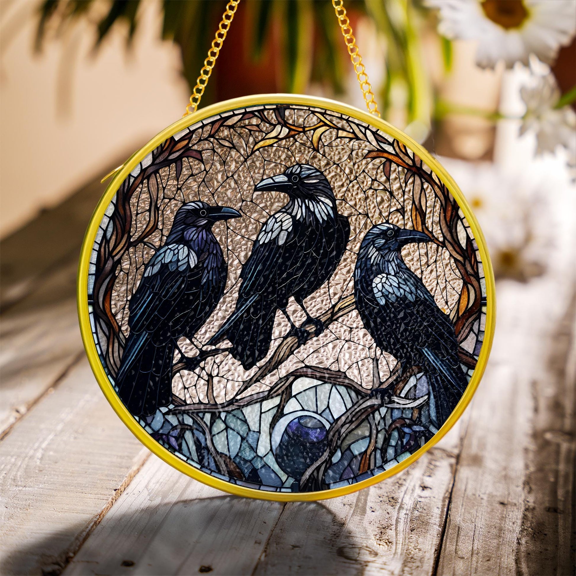 Gothic Raven Glass Suncatcher – Glass Crow Window Hanging – Dark Bird Gothic Home Decor – Mysterious Raven Art