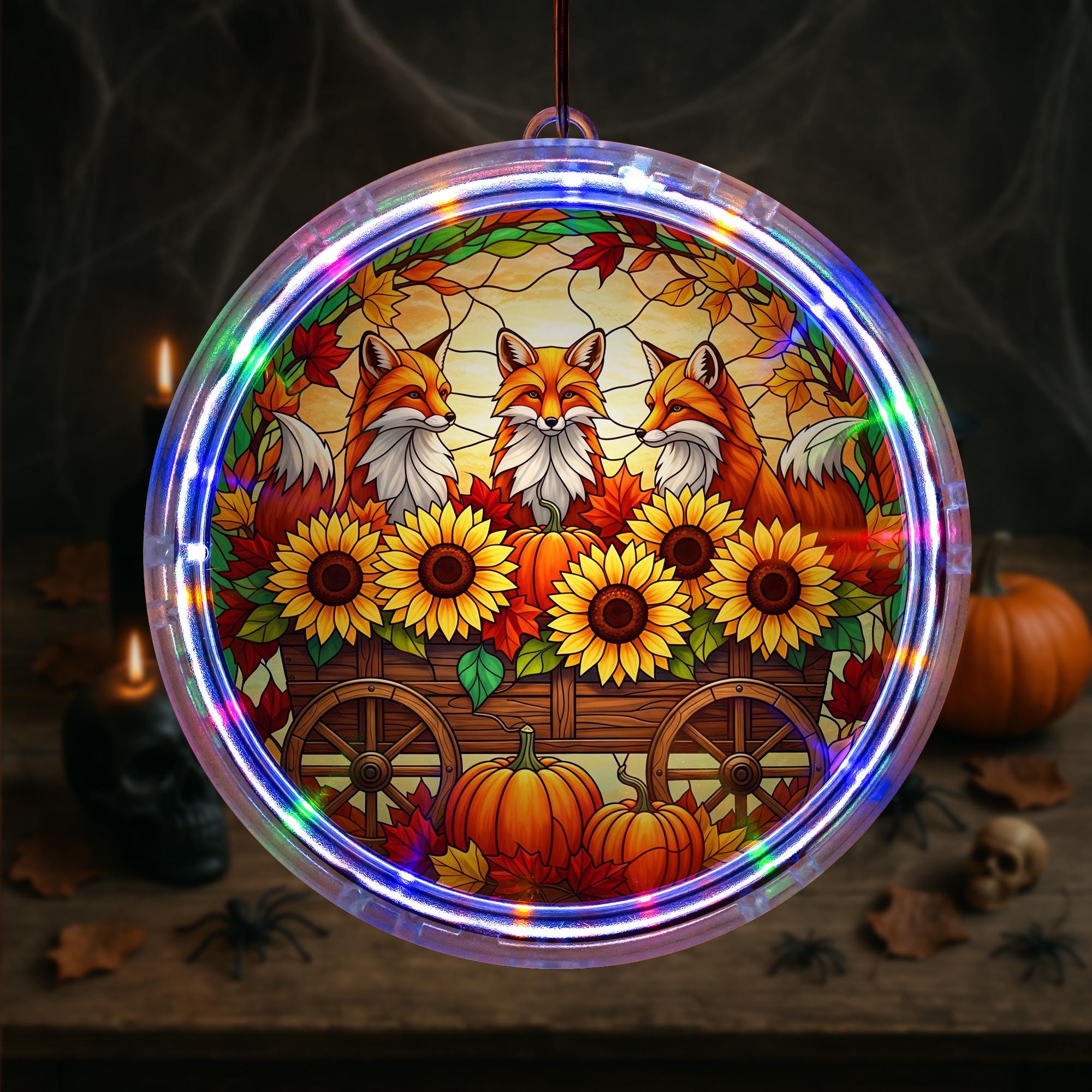 LED Fox Sunflower Pumpkin Hanging Sign – Autumn Lighted Family Gift – Fall Harvest Farmhouse LED Window or Wall Decor