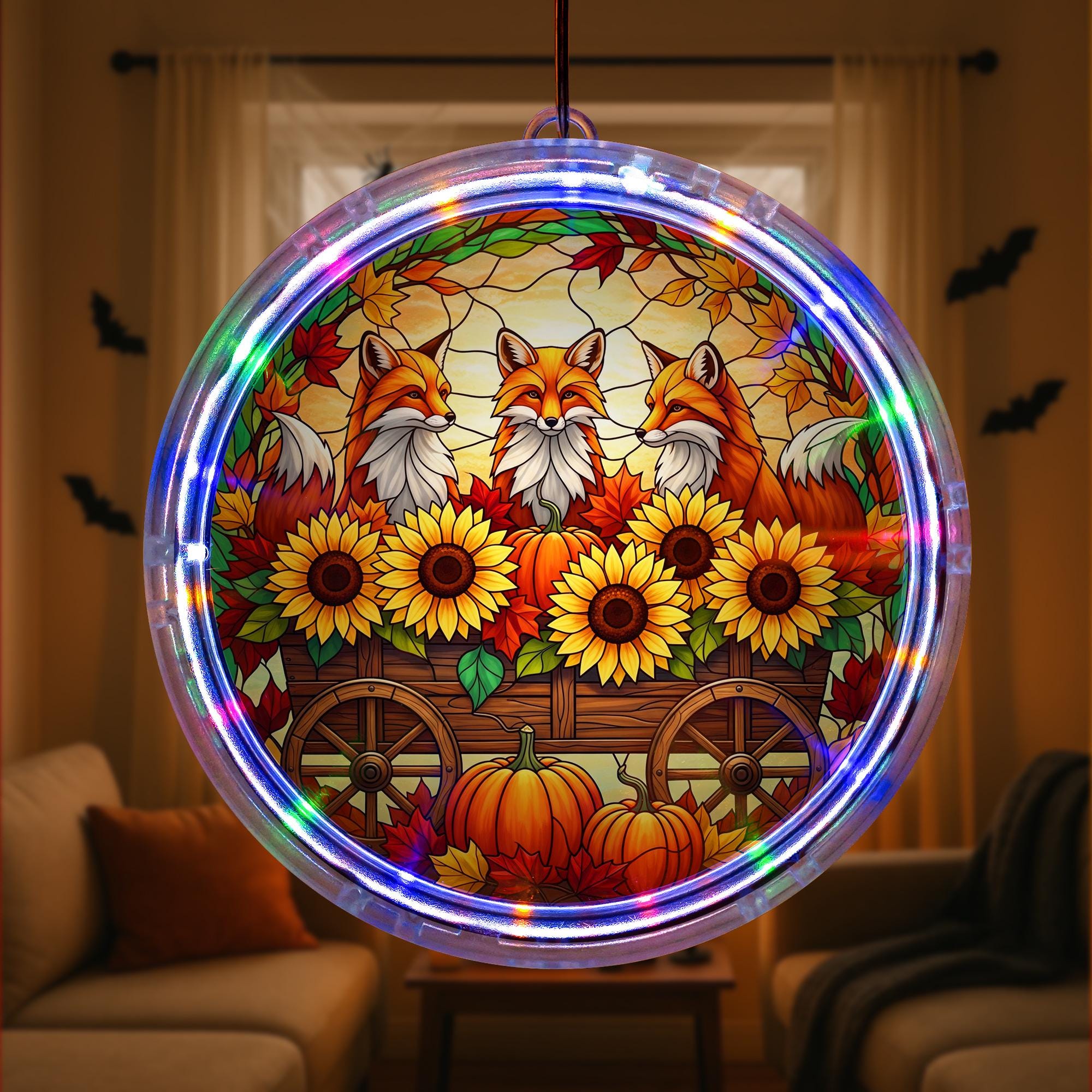 LED Fox Sunflower Pumpkin Hanging Sign – Autumn Lighted Family Gift – Fall Harvest Farmhouse LED Window or Wall Decor