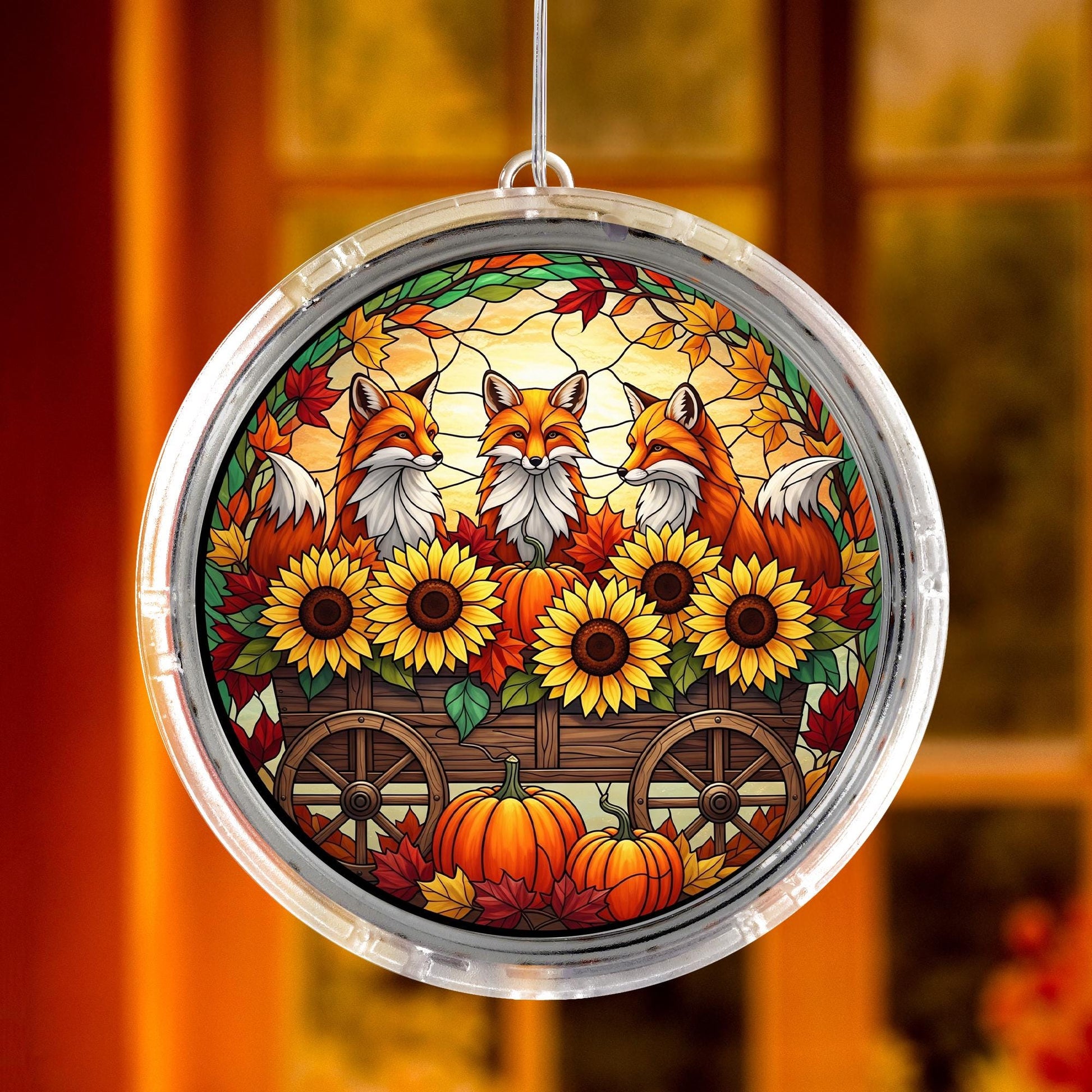 LED Fox Sunflower Pumpkin Hanging Sign – Autumn Lighted Family Gift – Fall Harvest Farmhouse LED Window or Wall Decor