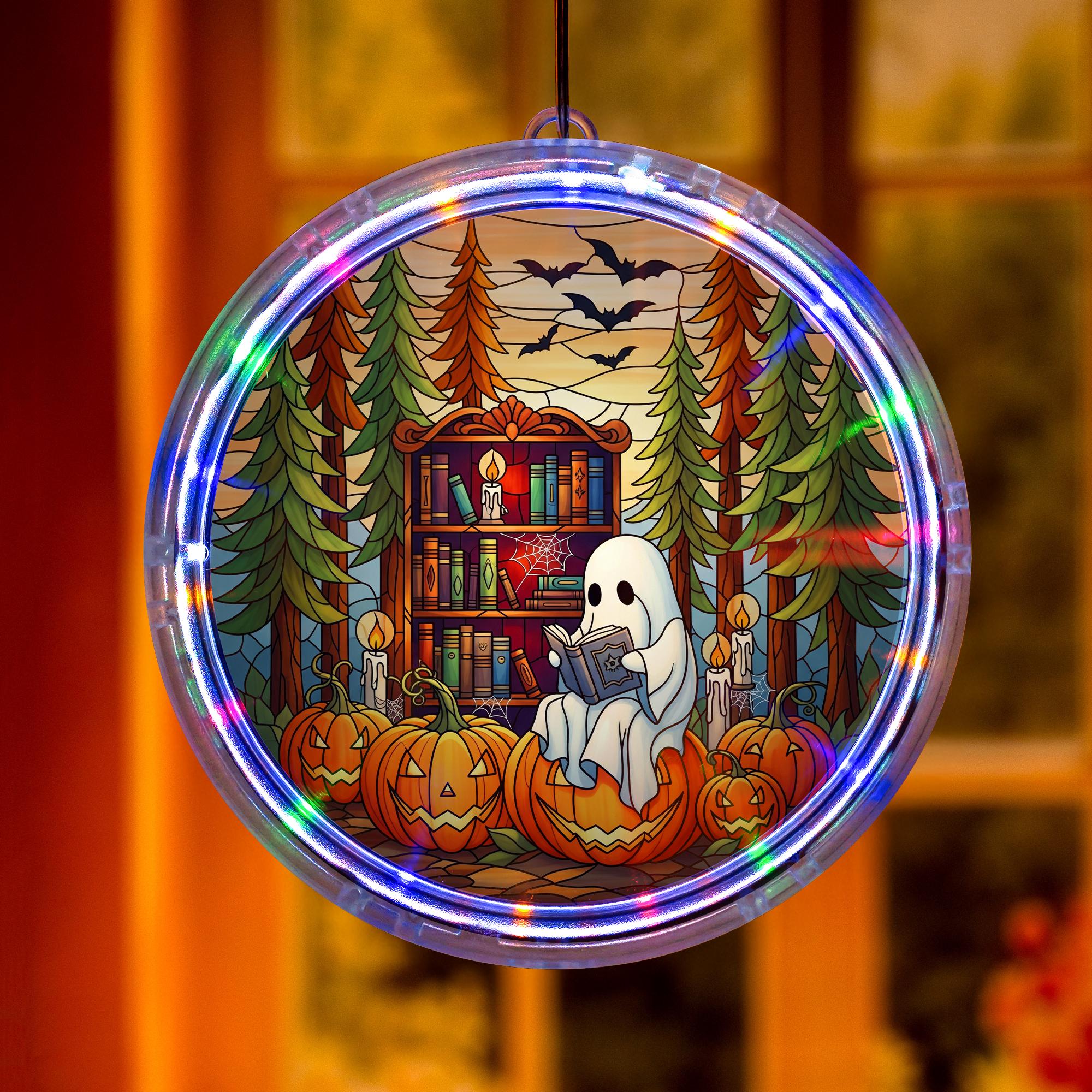 LED Bookish Ghost Pumpkin Hanging Sign – Halloween Lighted Window Decor – Spooky Reading Lover Fall Home Decoration