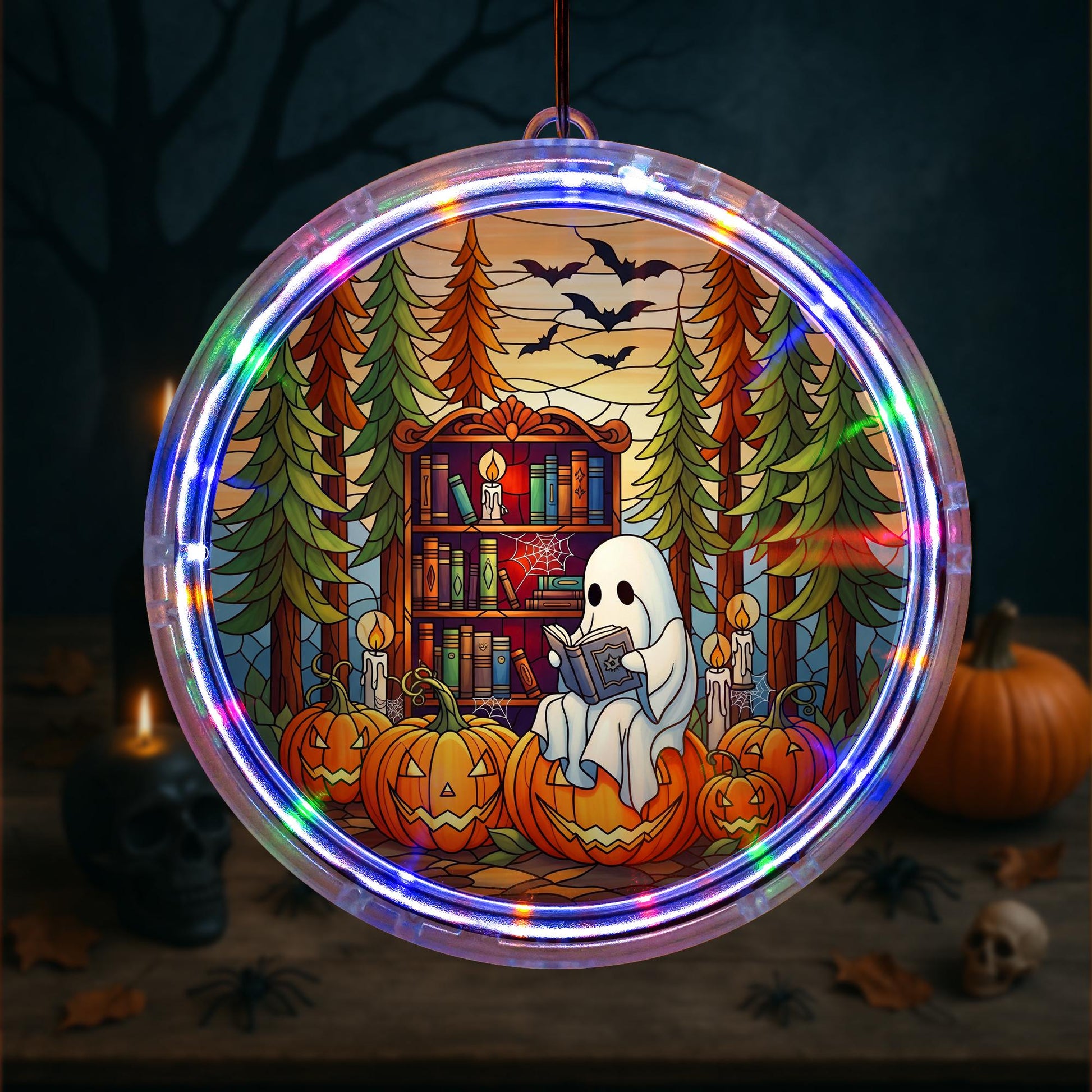 LED Bookish Ghost Pumpkin Hanging Sign – Halloween Lighted Window Decor – Spooky Reading Lover Fall Home Decoration