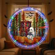 LED Bookish Ghost Pumpkin Hanging Sign – Halloween Lighted Window Decor – Spooky Reading Lover Fall Home Decoration