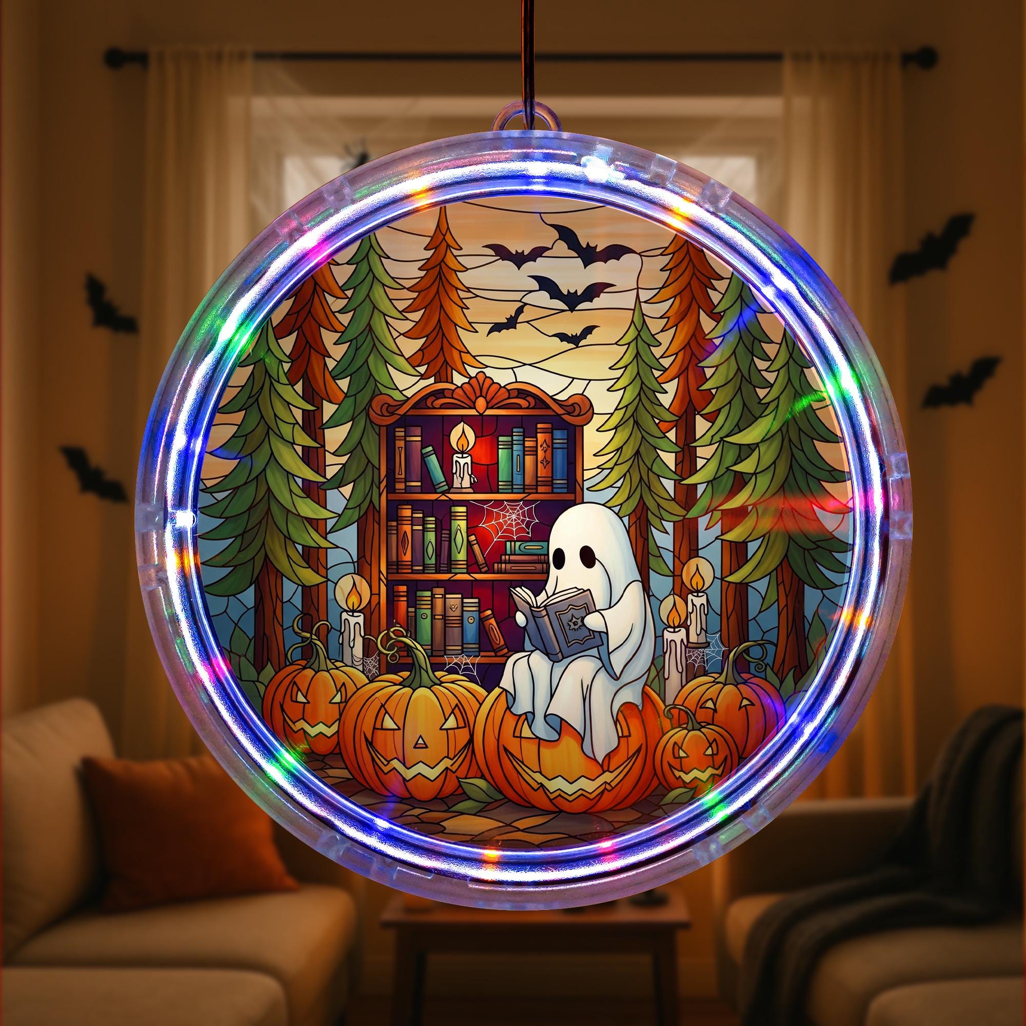 LED Bookish Ghost Pumpkin Hanging Sign – Halloween Lighted Window Decor – Spooky Reading Lover Fall Home Decoration