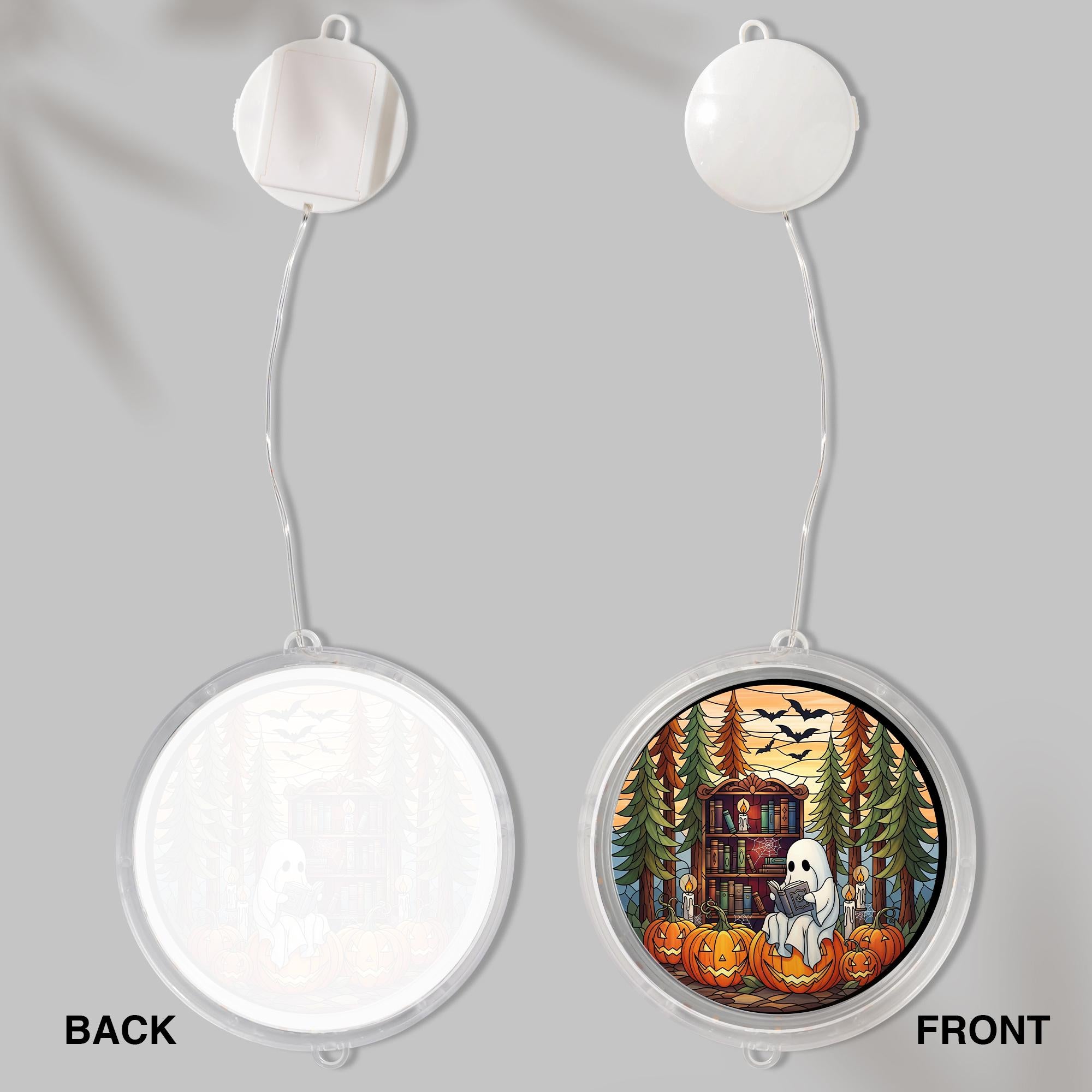 LED Bookish Ghost Pumpkin Hanging Sign – Halloween Lighted Window Decor – Spooky Reading Lover Fall Home Decoration