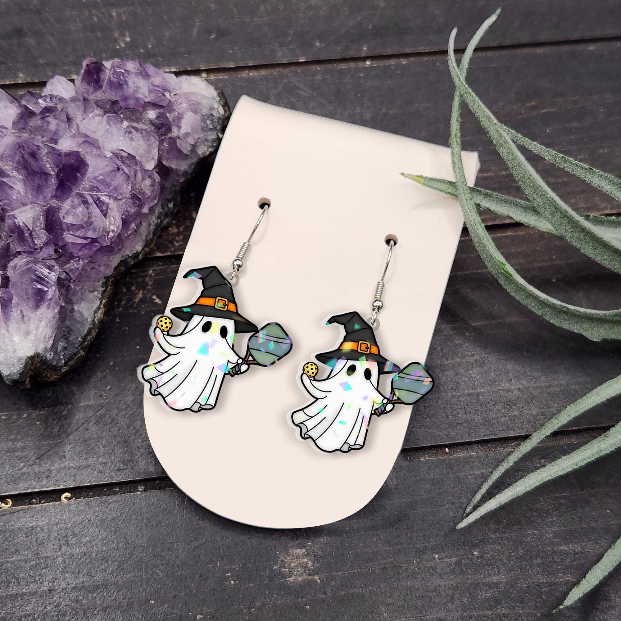 Ghost Witch Pickleball Earrings – Halloween Pickleball Jewelry – Spooky Cute Paddle Dangle Earrings – Kawaii Witchy Gift