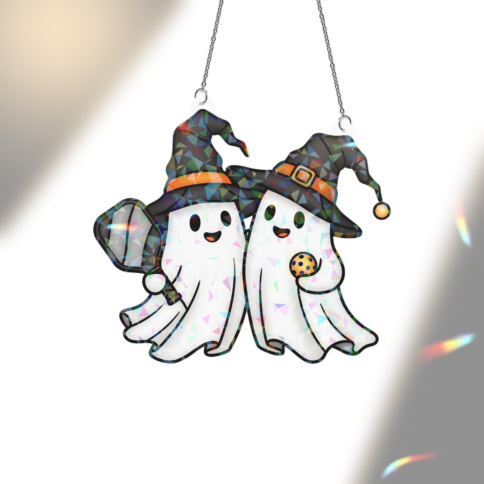 PickleBoo Ghost Suncatcher – Holographic Acrylic Halloween Pickleball Gift – Spooky Bestie Window Hanging Decor