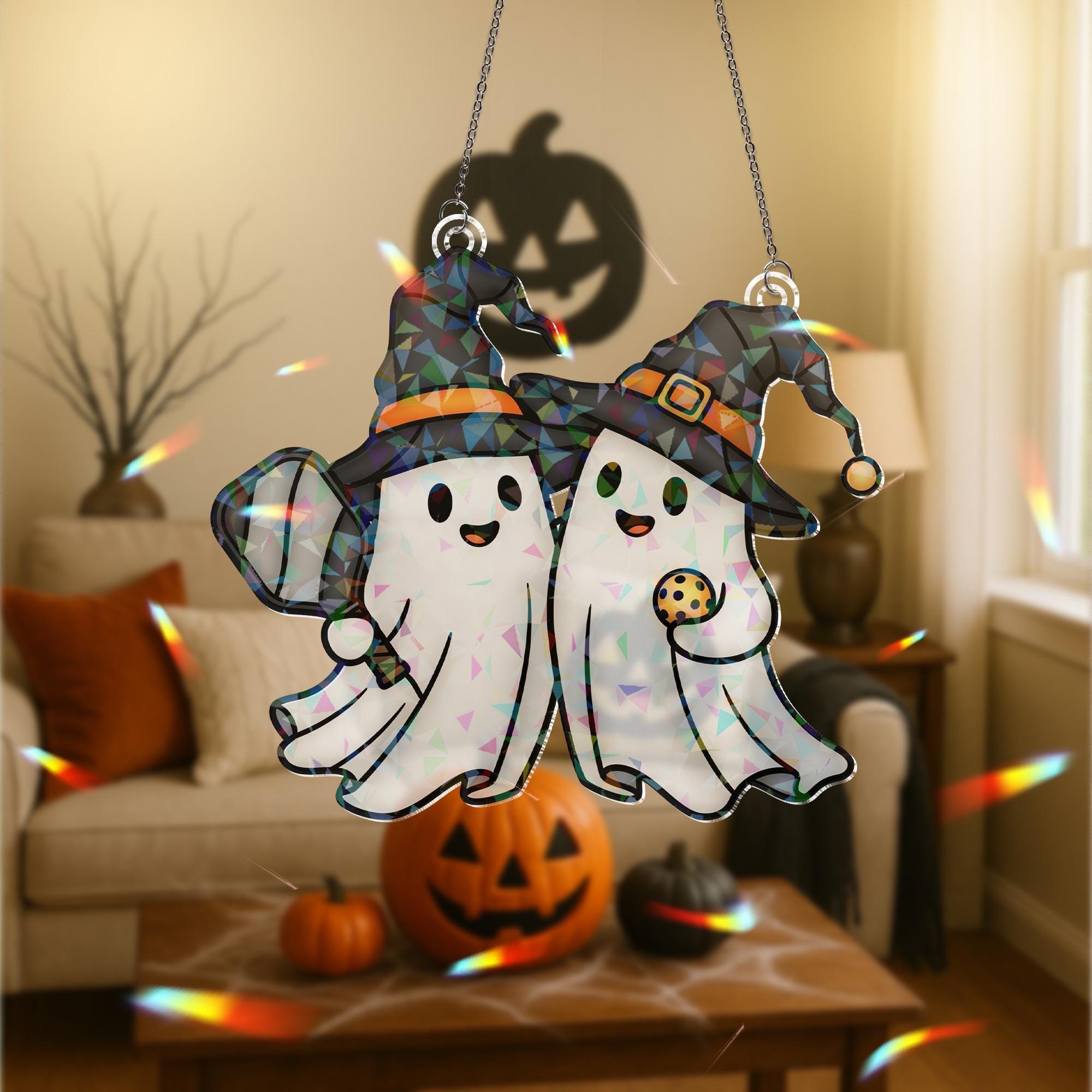 PickleBoo Ghost Suncatcher – Holographic Acrylic Halloween Pickleball Gift – Spooky Bestie Window Hanging Decor