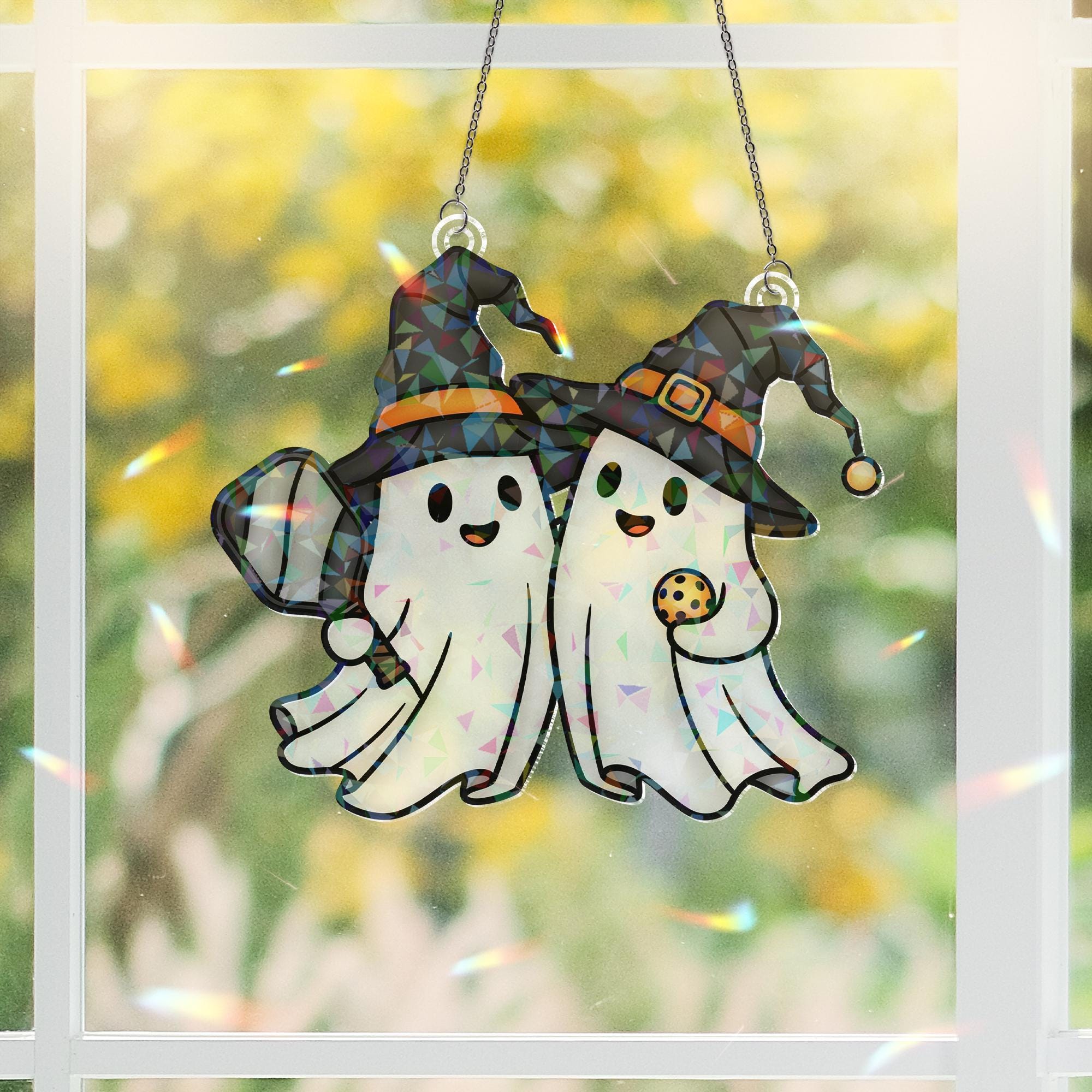 PickleBoo Ghost Suncatcher – Holographic Acrylic Halloween Pickleball Gift – Spooky Bestie Window Hanging Decor