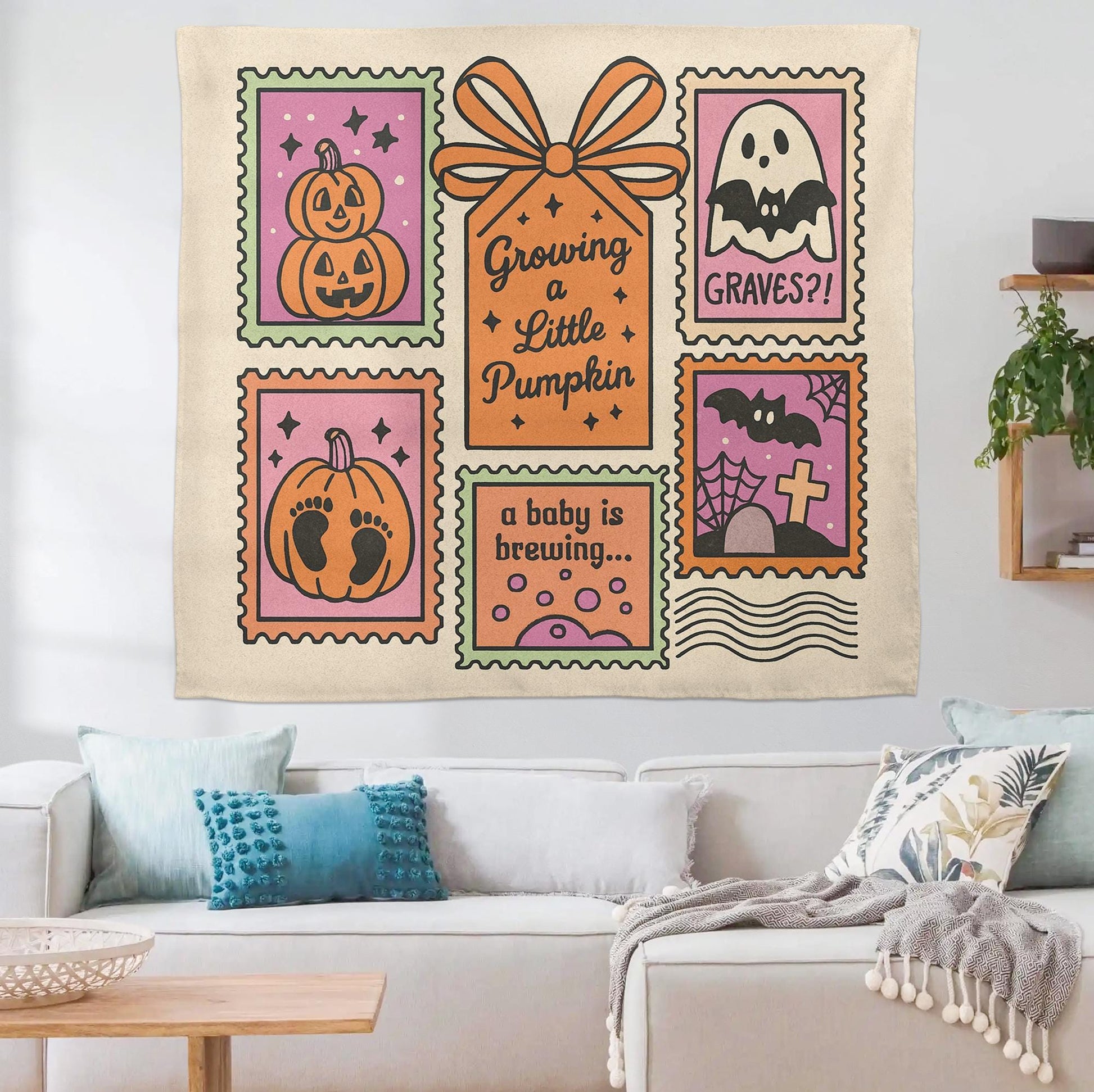 Halloween Pregnancy Announcement Tapestry – Growing a Little Pumpkin Wall Hanging – Spooky Baby Reveal Party Decor