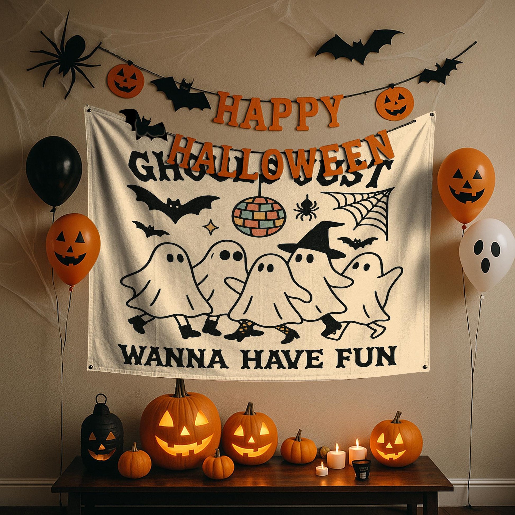 Ghouls Just Wanna Have Fun Tapestry – Halloween Girl Party Wall Hanging – Spooky Cute Ghost Dance Party Decor
